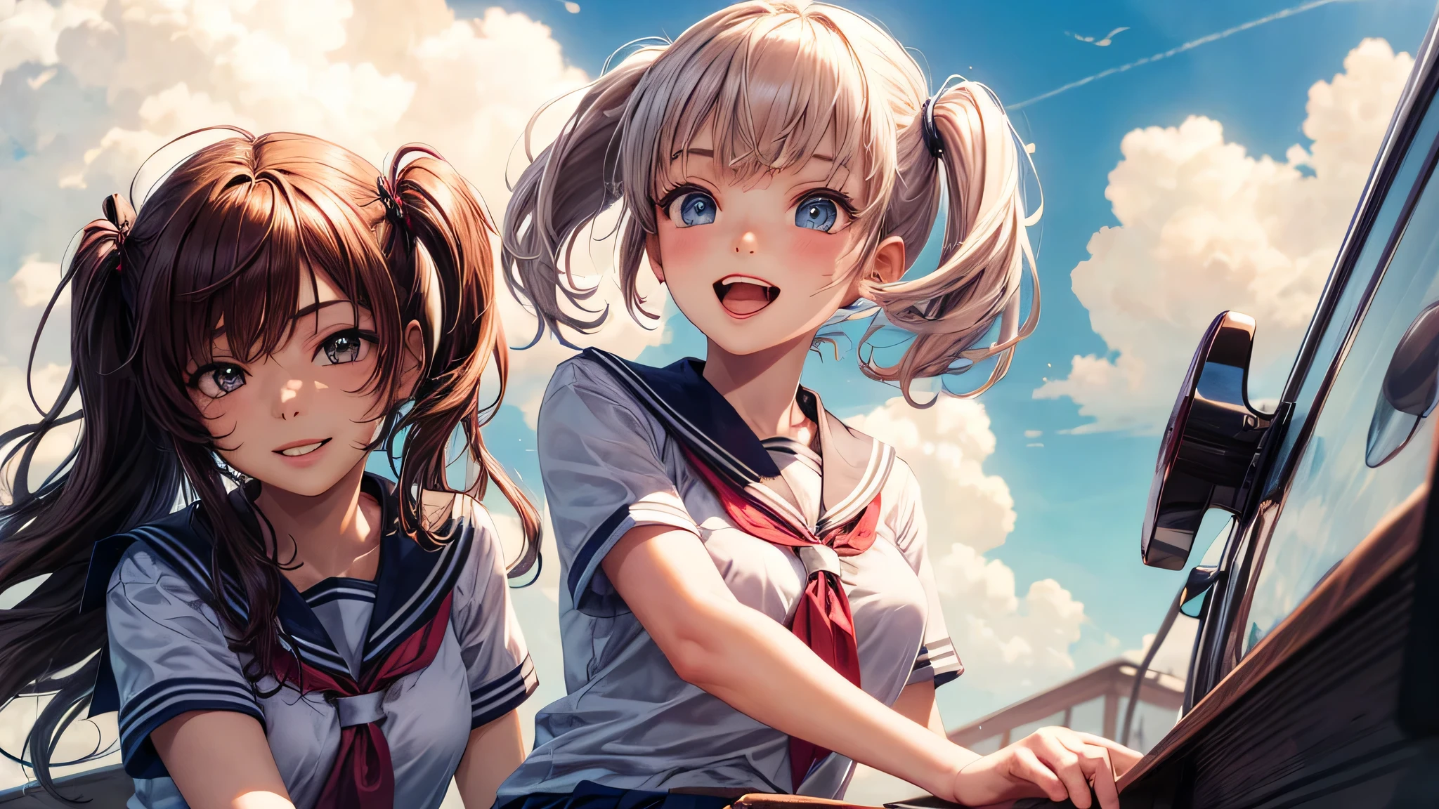 (2 girls:1.2), cute face, shining smile, twin tails, (school uniform, mini skirt:1.2), (highest quality: 1.4), (Super detailed), (highest quality:1.4), (super detailed), Day光, Sunny, cloud, Day, blue sky, (anime illustration), very high resolution, 