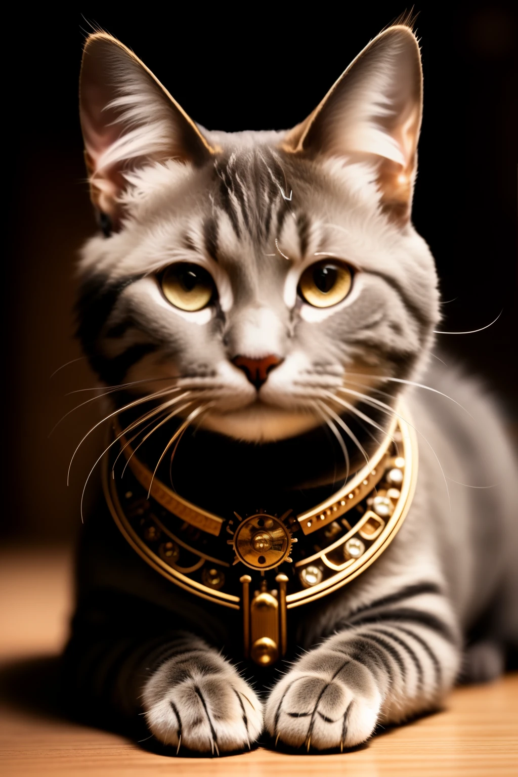 A beautiful high definition crisp portrait of a steampunk cat: (cyborganimal:1.1), (detailed mechanical parts:1.3), intricately designed, HDR, (intricate mechanical details, hyperdetailed:1.2), cinematic shot, vignette, centered.
The steampunk cat's portrait showcases a blend of beauty and technology. Its eyes, made of brass gears, shine brightly. The cat's fur is replaced with intricately designed mechanical parts, giving it a unique textured appearance. Its whiskers are made of delicate wires that spark subtly when it moves. The cat's body is posed elegantly