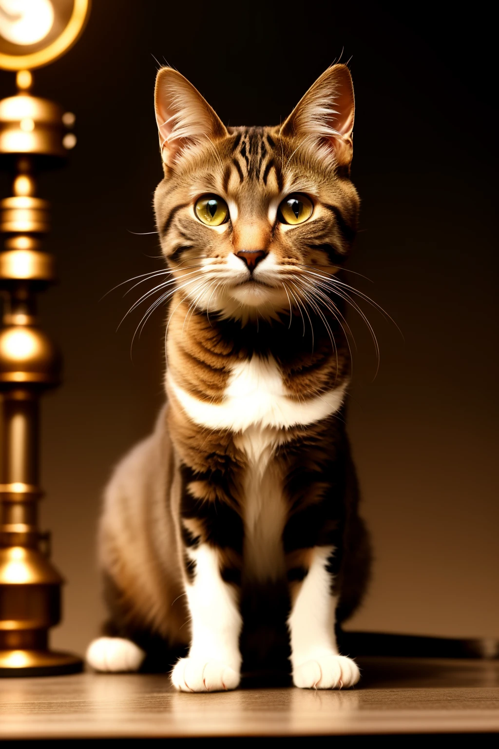 A beautiful high definition crisp portrait of a steampunk cat: (cyborganimal:1.1), (detailed mechanical parts:1.3), intricately designed, HDR, (intricate mechanical details, hyperdetailed:1.2), cinematic shot, vignette, centered.
The steampunk cat's portrait showcases a blend of beauty and technology. Its eyes, made of brass gears, shine brightly. The cat's fur is replaced with intricately designed mechanical parts, giving it a unique textured appearance. Its whiskers are made of delicate wires that spark subtly when it moves. The cat's body is posed elegantly
