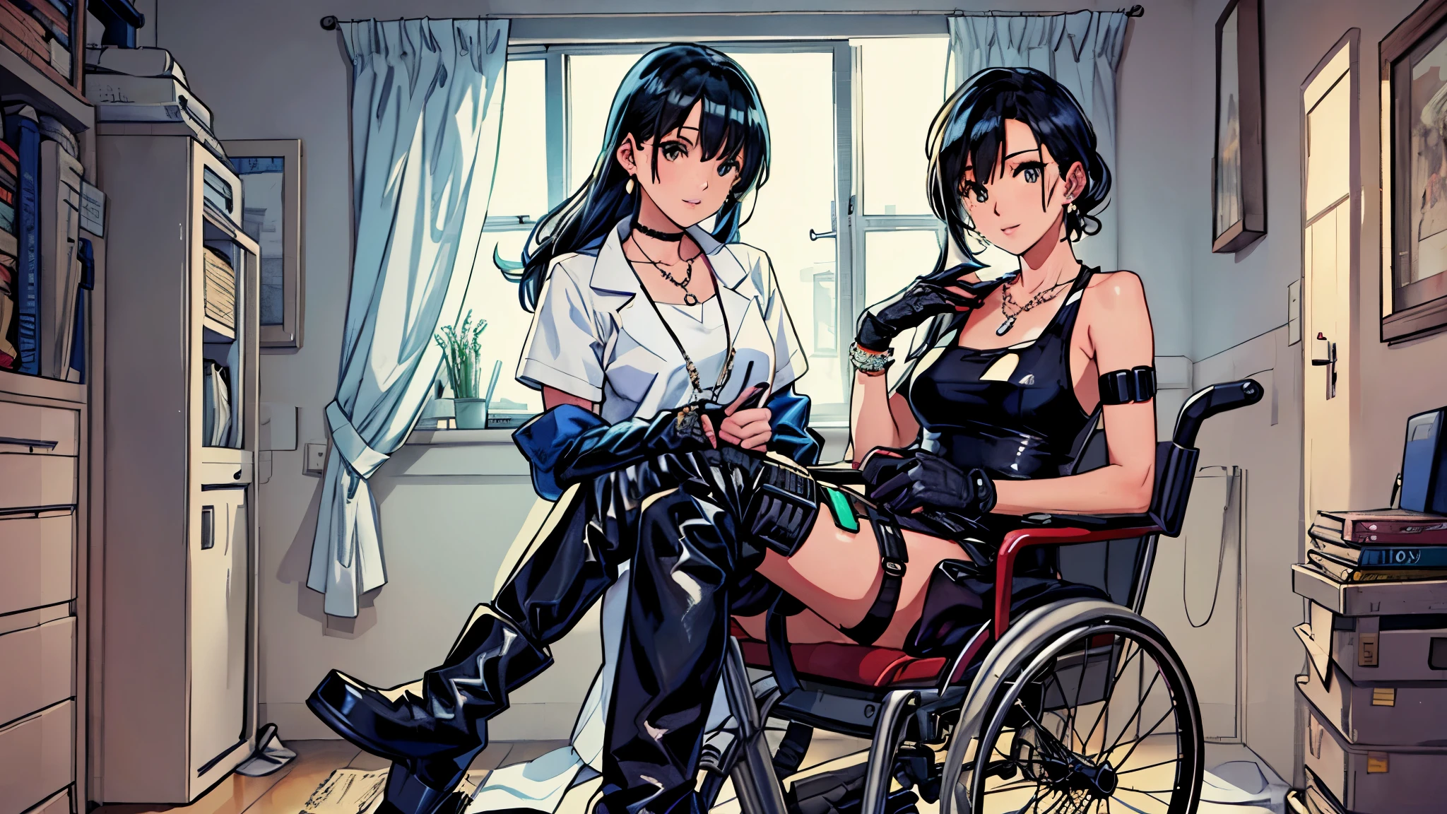(best quality,4k,highres,ultra-detailed,realistic:1.2),Inside the hospital1,8,inside room,two girls,they’re riding wheelchair,((blue colored inner black hair,cyberpunk fashion,Parker,earrings,necklace,fingerless gloves,race-up long boots)),they’re facing to face,shy,smile,beautiful detailed eyes,beautiful detailed lips,long eyelashes, vivid colors,dynamic lighting,colorful scene