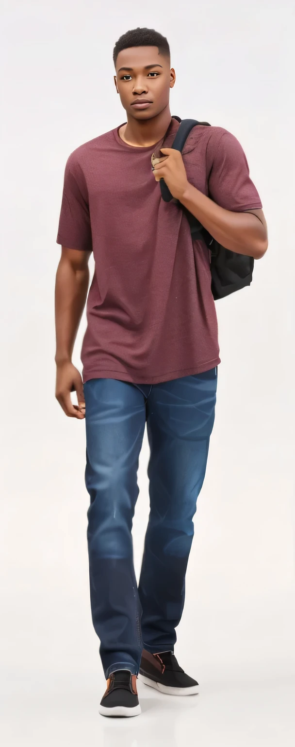 highly detailed, photrealistic, Black young male wearing jeans, a t-shirt and carrying a backpack over one shoulder on a completely white background.