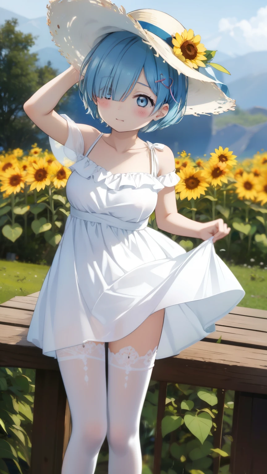 Re:Zero&#39;s Rem、light blue hair、short hair、table top、High resolution、many girls multiple girls、large crowd、lots of cute girls、big and full breasts、naughty body、See-through、throw、、whole body、Are standing、Look up at me、confused face、blush、embarrassing、Excited、white breath、black pantyhose、female shape&#39;Private parts are clearly visible、I can see your nipples、white skirt、micro mini skirt、very short skirt、Many people々々々々々、in the crowd、裸chest of、show your chest、Upper grade、A lot of milk comes out from the nipples、Breast milk gushes from the nipple、publish one&#39;chest of、show your chest、Naked things&#39;chest of、straw hat、white dress、sunflower field、bangs that cover one eye、pink hairpin、white sandals、barefoot、barefoot、uterus tattoo