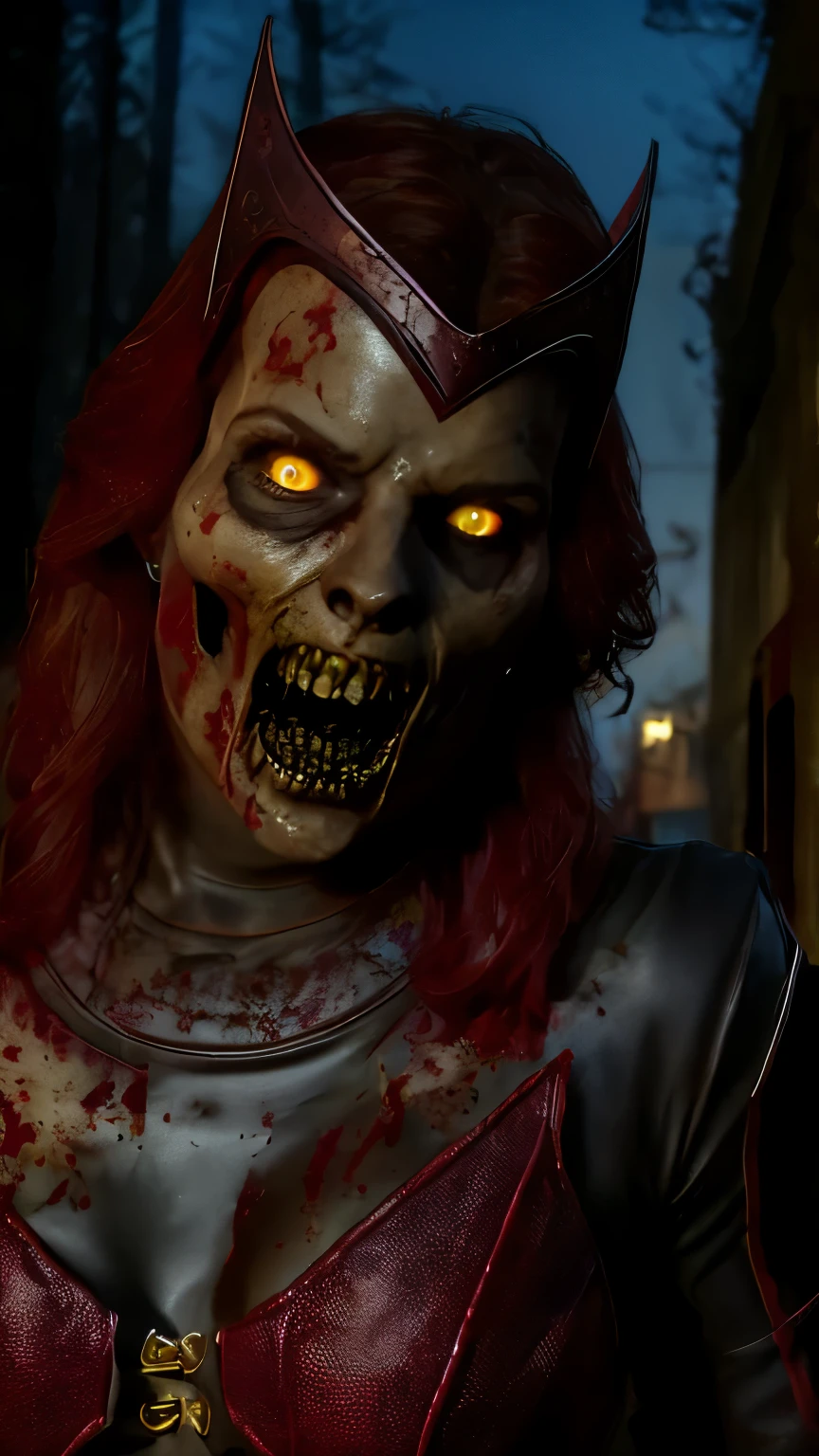 Cinematic, (masterpiece, best quality:1.2), ((RAW photo, Best quality)), (Realistic, photo-realistic:1.2) night, a hotting ((Scarlet Witch)) zombie, wearing a Classic outfit . (((white eyes))),  in dynamic zombie pose, ((Pale or greenish skin)), decomposition, Bites and Marks, Torn Clothes, Thirsty for Flesh, Slow and Clumsy Gait, Sharp Teeth, Blood and Viscera, Disheveled Hair, Stiff Joints, Exposed Bones, Empty Expressions, Broken Nails, Unhealed Wounds, guttural noises, aggressive and cannibalistic behavior. Cinematic lighting. Horror concept, creppy, blood, (((dead eyes))) , angry. Destoyed city background. Cinematic lighting 