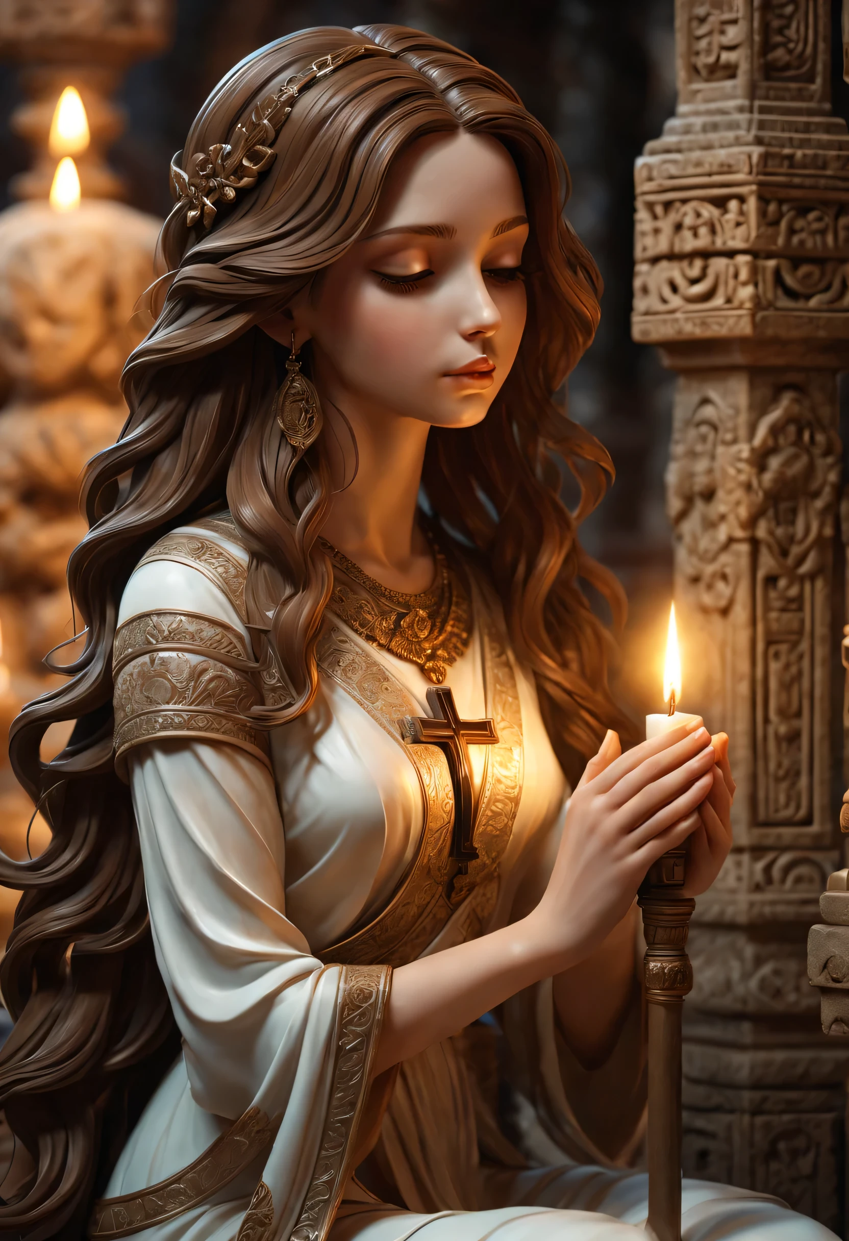(very beautiful girl,Brown hair,Prays,Divine Statue,ancient temple,knees,cross,dark) (Illustration,Middle) detailed facial features, Bright eyes, tender expression, loose hair, delicate hands, intricate patterns on the statue, Mysterious atmosphere, Faint candlelight, subtle shadows, Sacred aura. (Best quality, ultra detailed, Realistic:1.37) Bright colors, Soft tones, warm lighting.