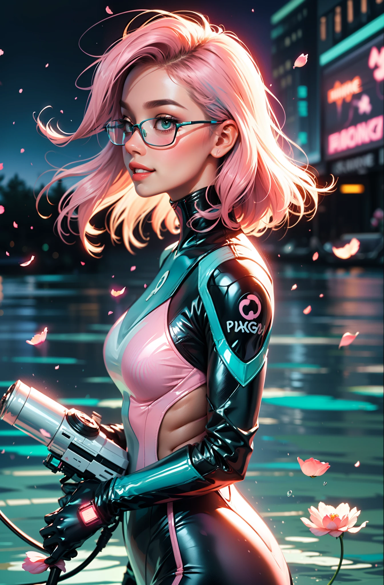Eyeglasses, Vision Pro googles, cyberpunk female woman (chromatic accents:1.1), sleek pink and White full bodysuit, side view turning to face camera, (Petal Blush, Lagoon Blue color background:1.3), amazing smile, looking at camera, golden hour