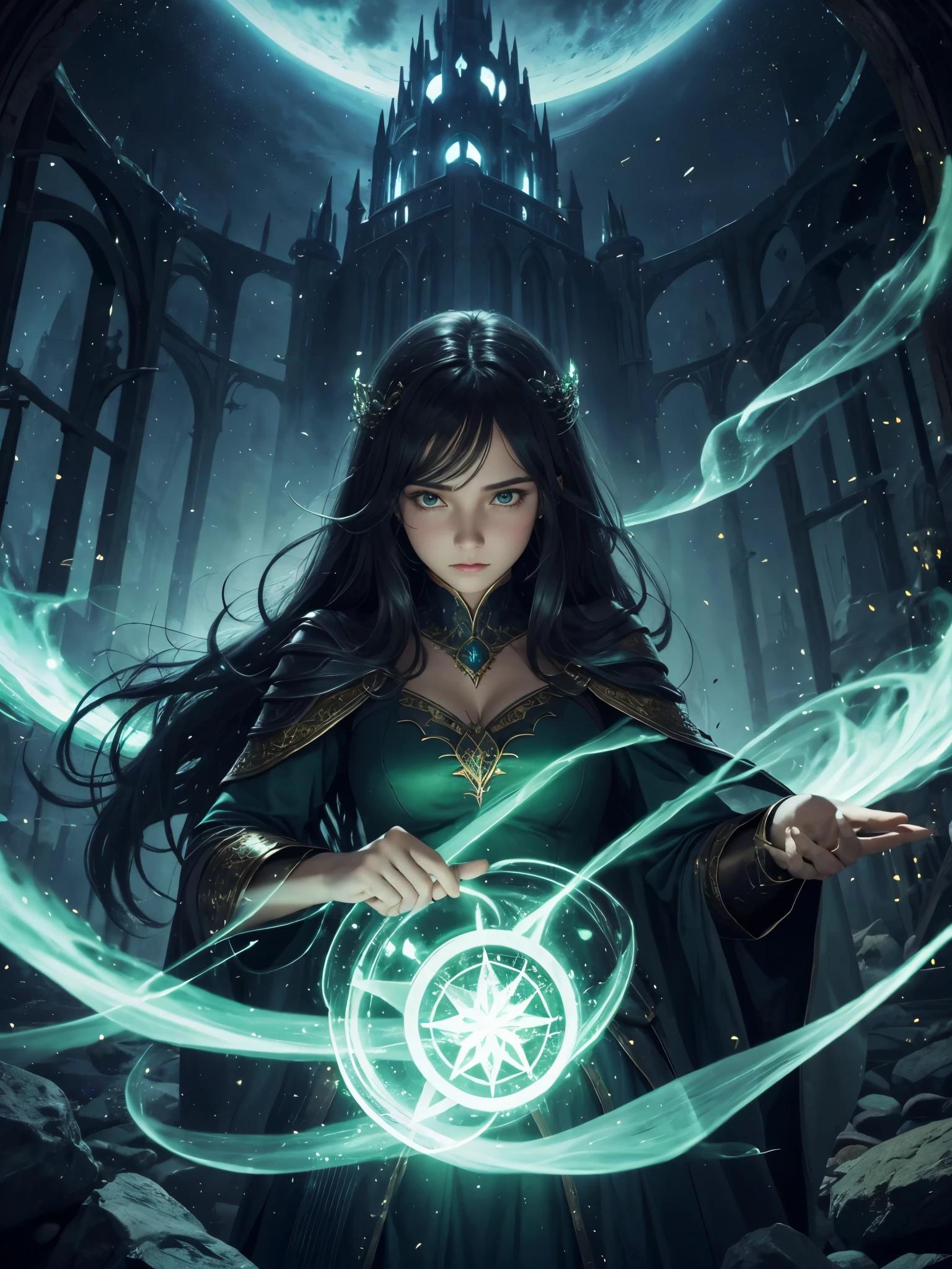 a powerful spell,Can create a magical protective barrier, A woman uses green magic to conjure a magical shield into a perfect fantasy world.