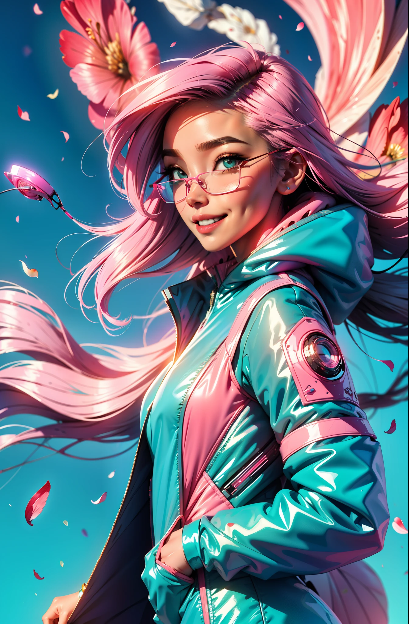 Eyeglasses, Vision Pro googles, cyberpunk female woman (chromatic accents:1.1), sleek pink and White full bodysuit, side view turning to face camera, (Petal Blush, Lagoon Blue color background:1.3), amazing smile, looking at camera, golden hour