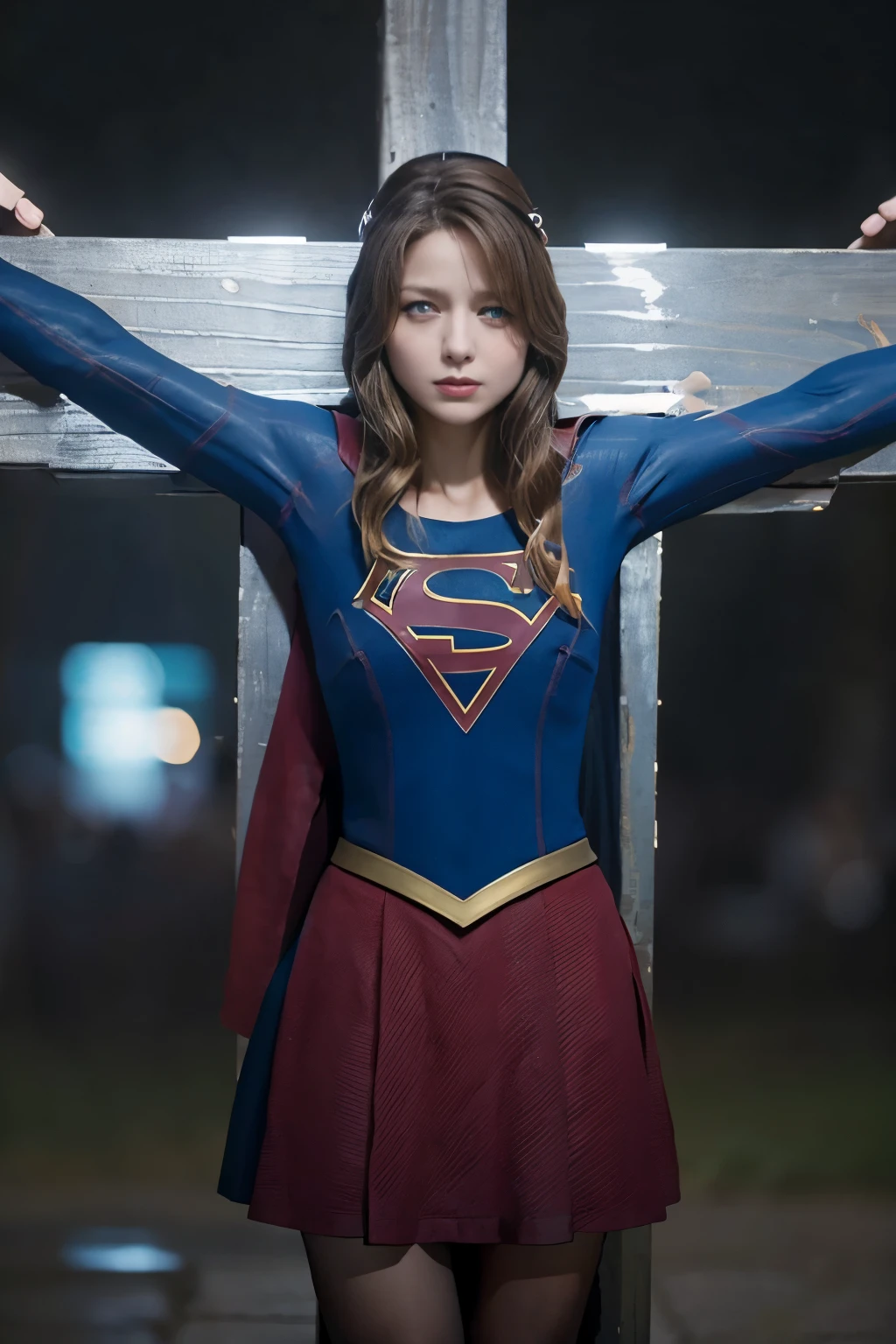 highest quality,masterpiece,UHD, Super detailed, 8K,(Beautiful woman),一人のBeautiful woman,((crucifixion)),(cross),(execution),((incontinence)),scared,torture,slave,((crossにcrucifixionにされた女性:1.5)),crucifixion刑,(supergirl),torn costume