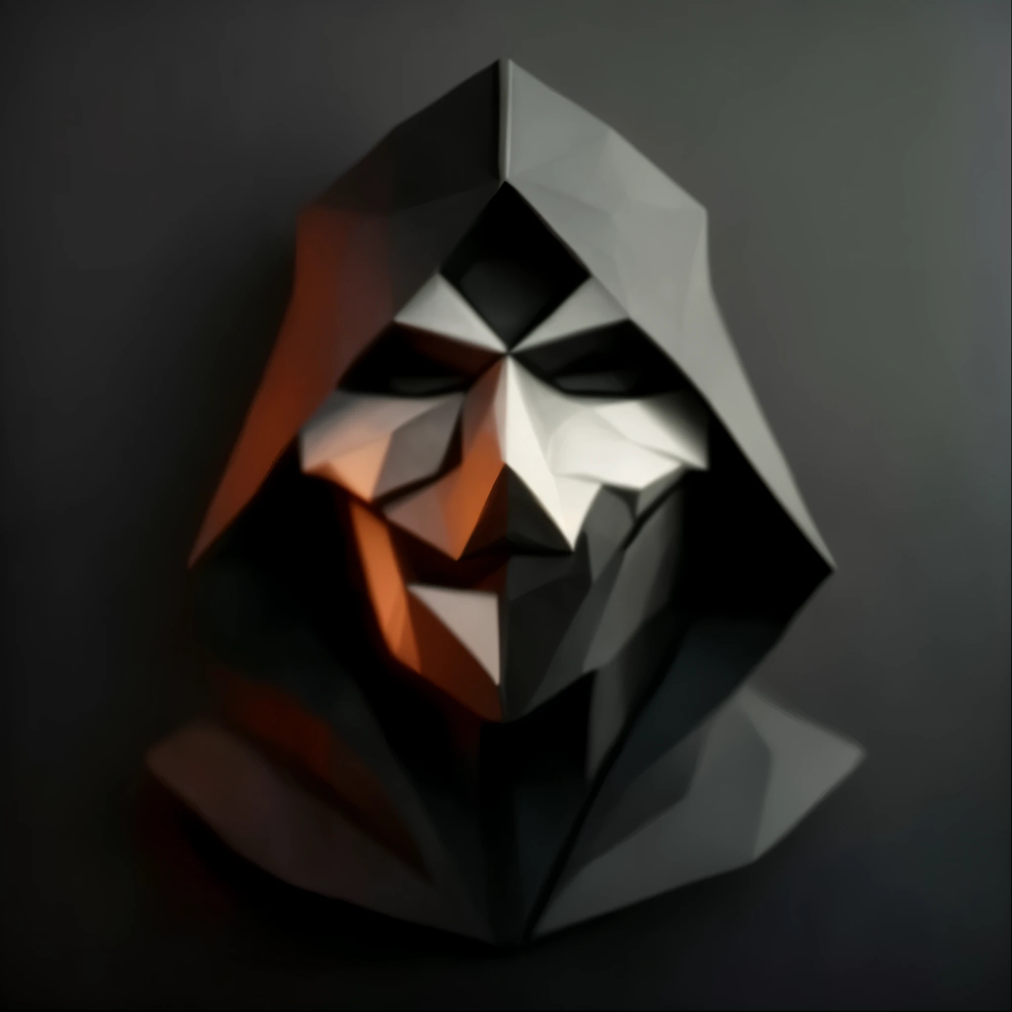 un primer plano de una escultura  de una persona con capucha con ojos de punto azul, arte lowpoly de alta calidad, baja poli digital art, baja poli 3 d, estilo de arte oscuro, Arte de polietileno bajo, low poly paper craft, hooded cloaked sith lord, Arte poligonal bajo 2 d, Bajo - poli, supervisory reaper, baja poli, foto de perfil de discordia