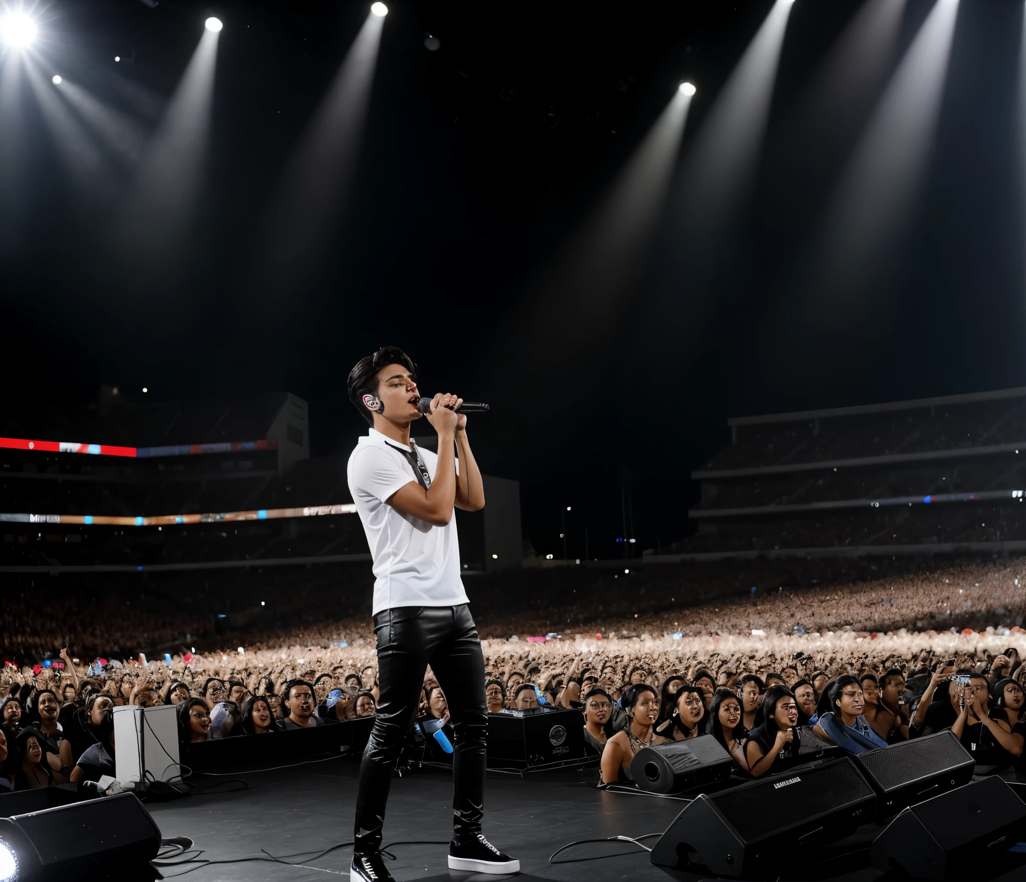 22 year old man, tanned, thin chin, well defined medium black hair, He is dressed in a contemporary style he is singing in a concert with thousands of people in a stadium
