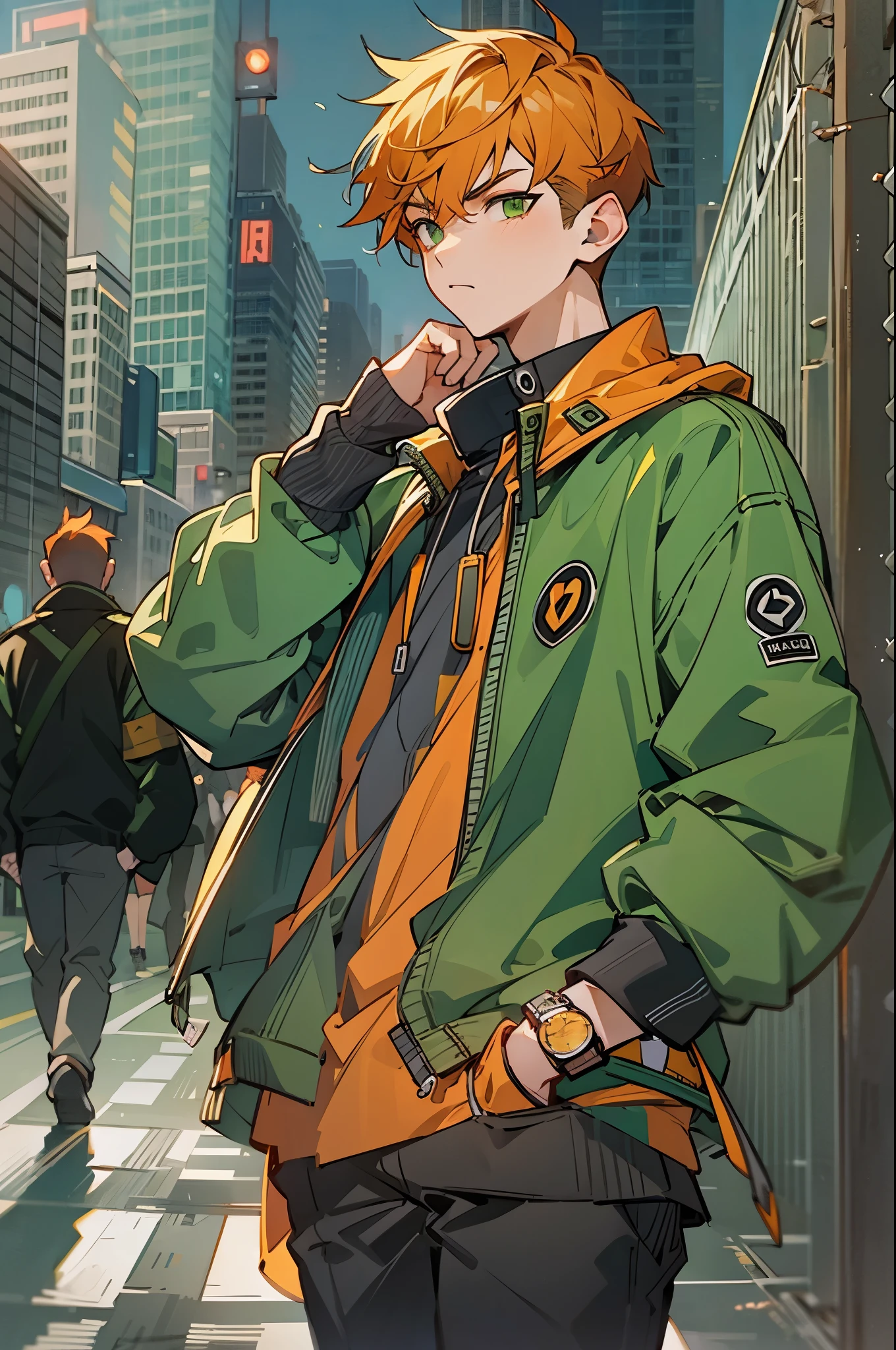 1male, , Amber Orange Hair, Short Hair, Undercut Hair, Green Eyes, Green Jacket, Watch, City, Walking on Path, Serious