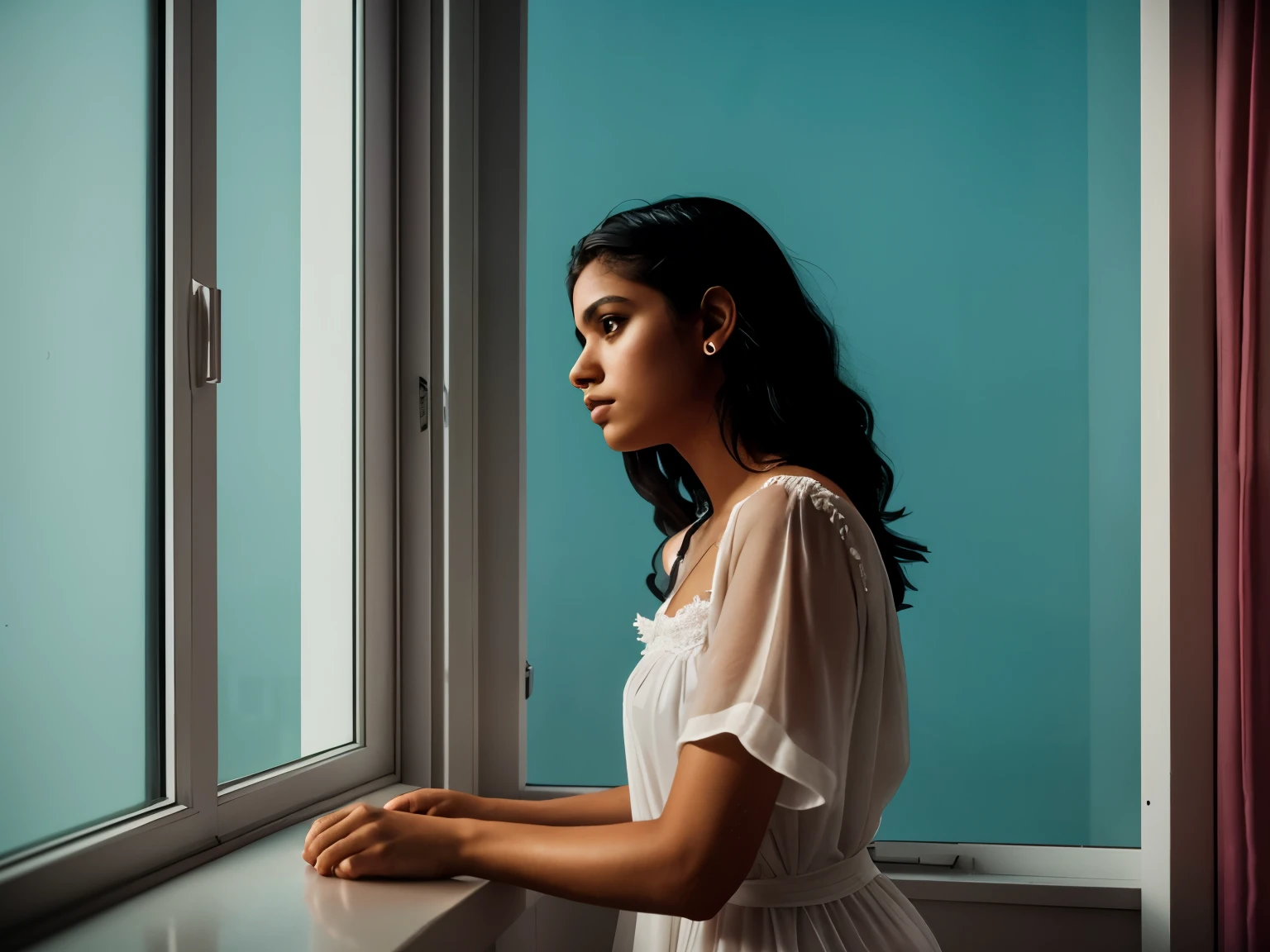 high-concept photograph of a 21-year-old artistic Puerto Rican woman in a white nightgown staring out the window on a rainy day, heavy shadows, style of German expressionism, in an apartment, in San Juan raining outside, cinestill 400d, synthwave, vaporwave, retro nostalgia, neons