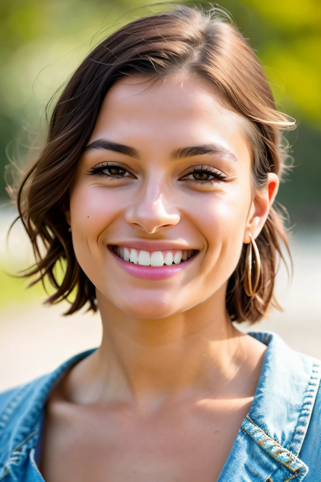 Lady with captivating buck teeth smile, intricately detailed, 30 years old, radiant face, shining brown eyes, high-resolution, masterpiece, best quality, elaborate details, highly detailed, sharp focus, textured skin, realistic skin texture, detailed teeth, professional, 4k, endearing smile, captured on Canon, 85 mm, shallow depth of field, Kodak Vision color, perfectly fitted outfit, extremely detailed, photograph_\(ultra\), photorealistic, realistic, post-processing, maximum details, authentic roughness, reflecting real life, ultra realistic, photorealism, photography, 8k uhd, photography.