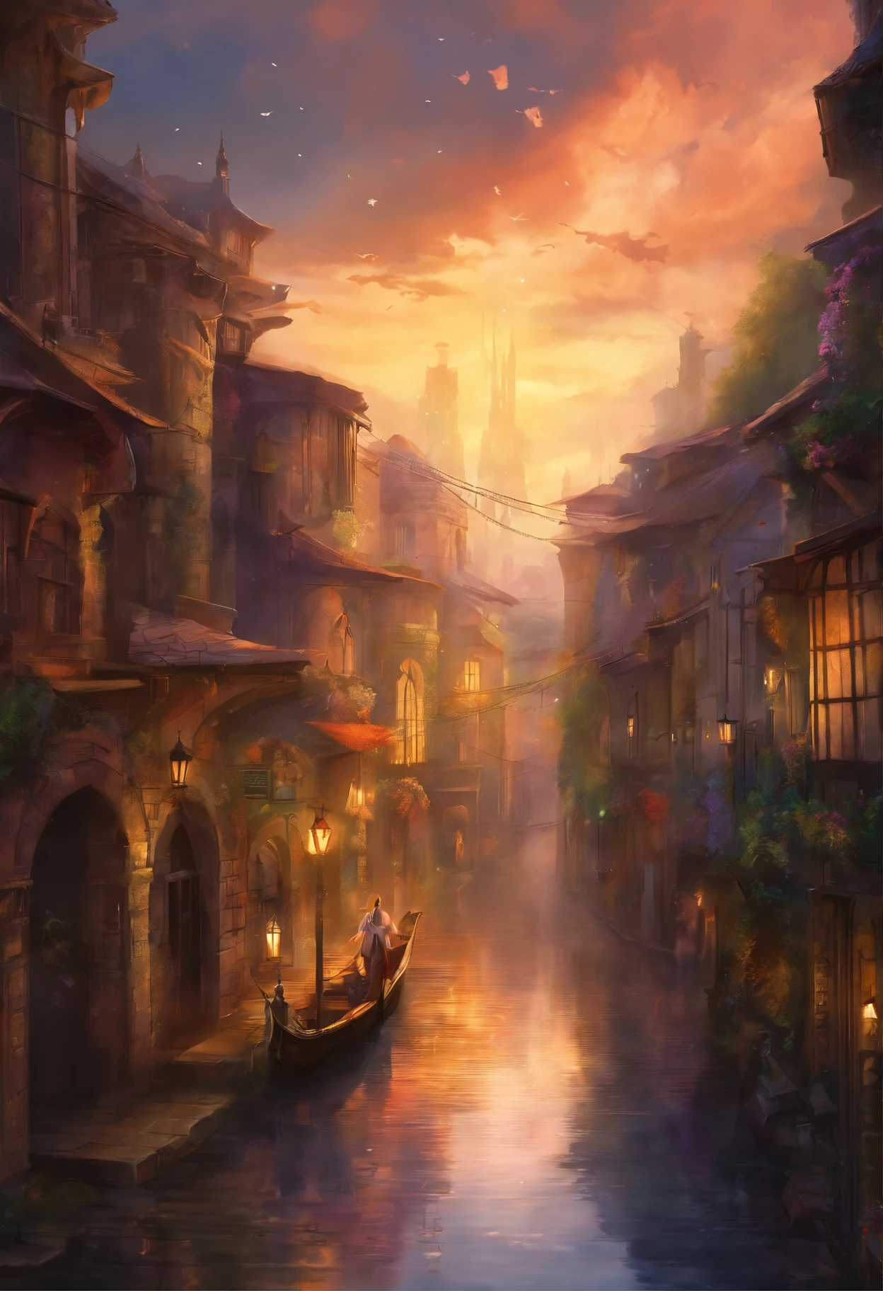 Uma rua de uma cidade, this city is old, the photo is of a street in this city, It's raining a lot, It is possible to see the reflection of the poles in the puddles of water, the sky is black
