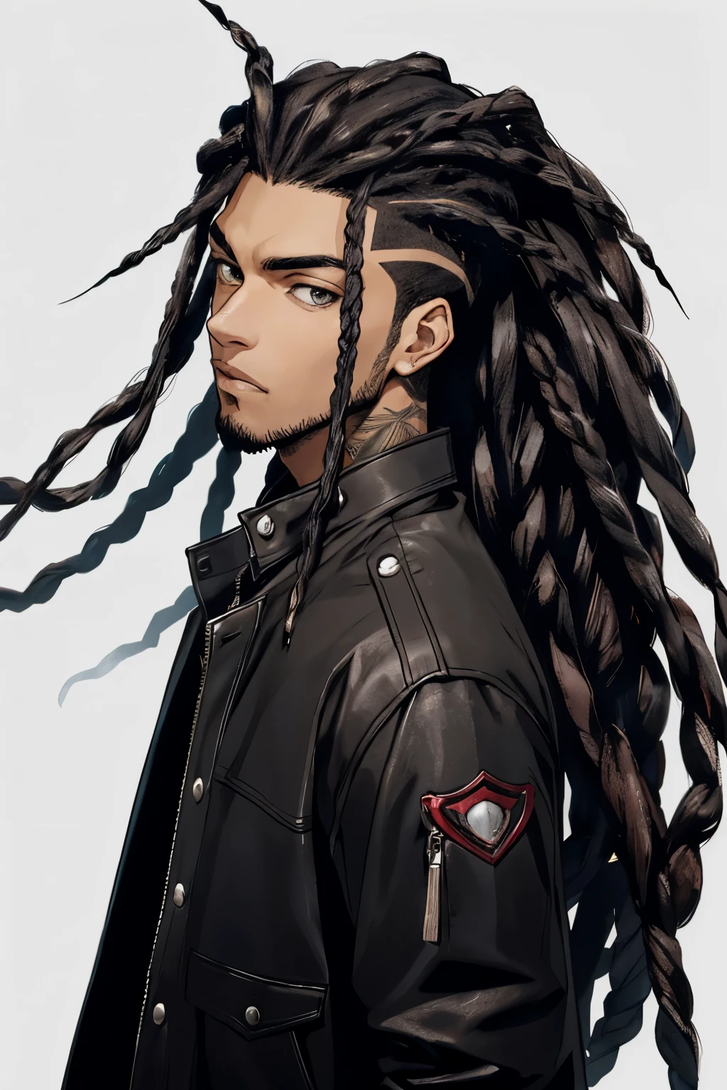 crie um personagem de anime de 10 anos negro de cabelos curtos estilo dread arrumados em um rabo de cavalo com jaqueta de couro (imagem de copo todo)