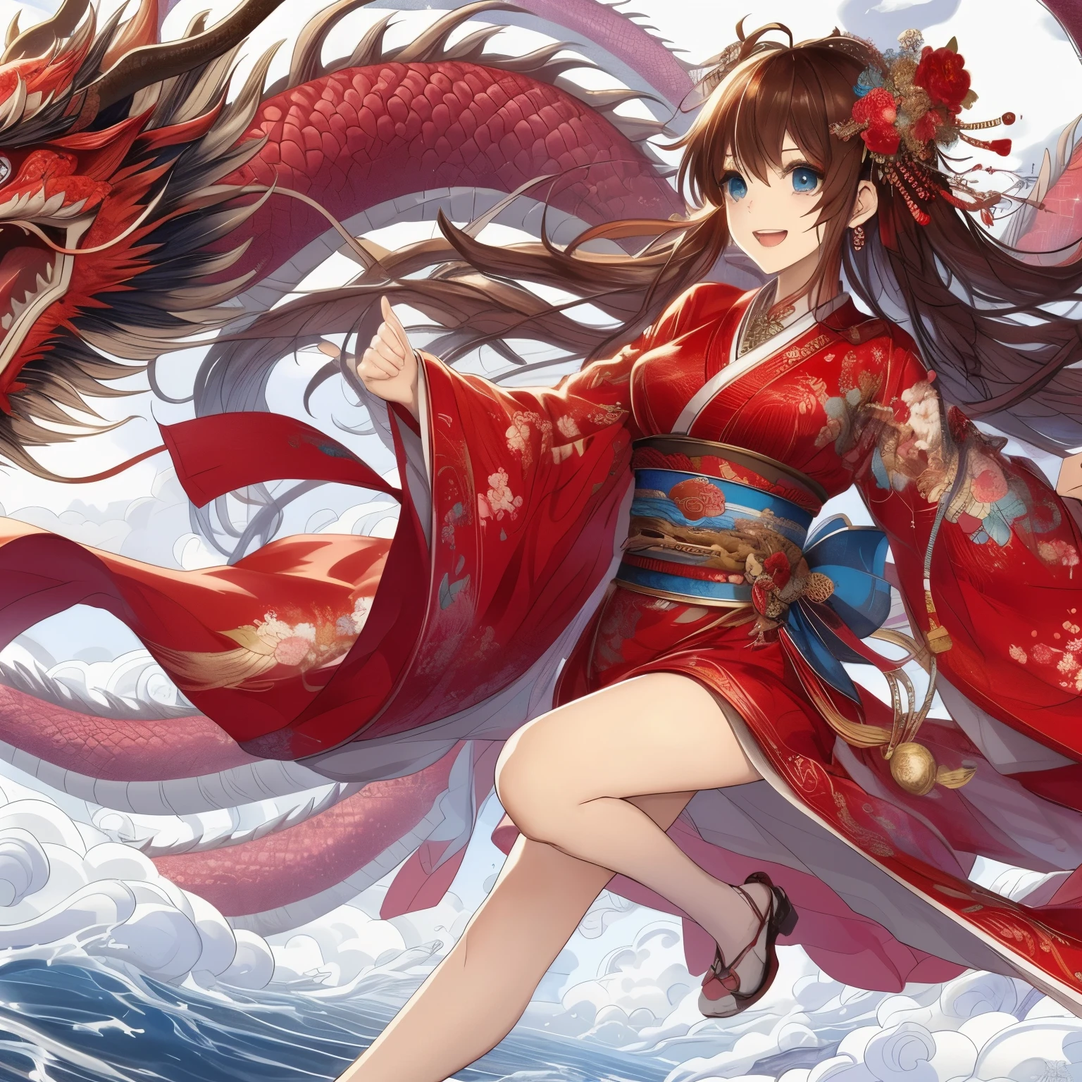 A woman in a red kimono,There is a dragon on its back, 4k comic wallpaper, anime art wallpaper 8k, anime style 4k, Anime Art Wallpaper 4k, anime art wallpaper 4k, dragon girl, anime wallpaper 4k, anime wallpaper 4k, best anime 4k konachan wallpapers, majestic japanese dragon, 4k anime wallpaper, guys