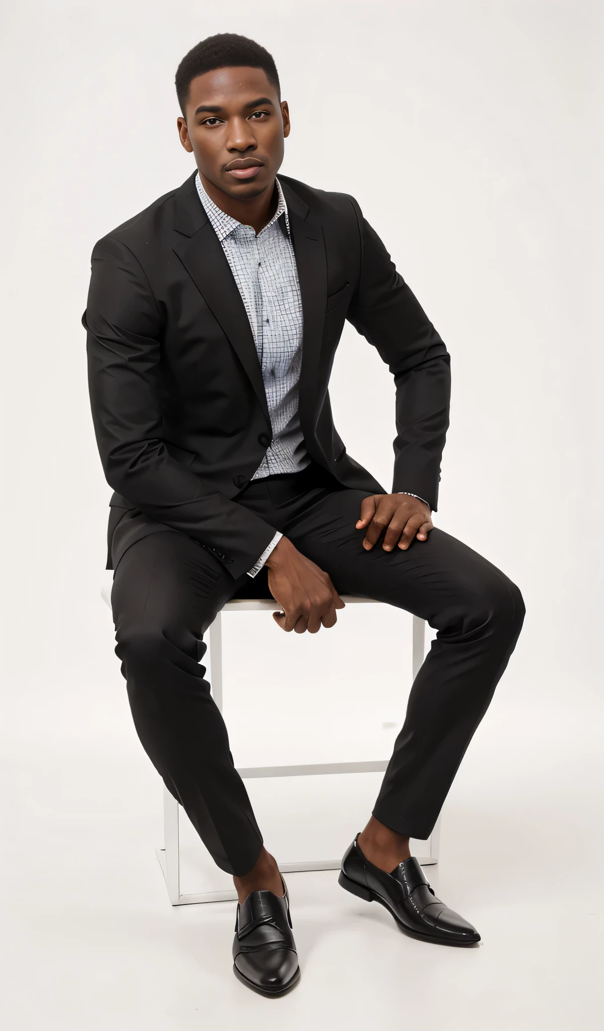 photorealistic Black business man fashion model sitting with an all white background.
