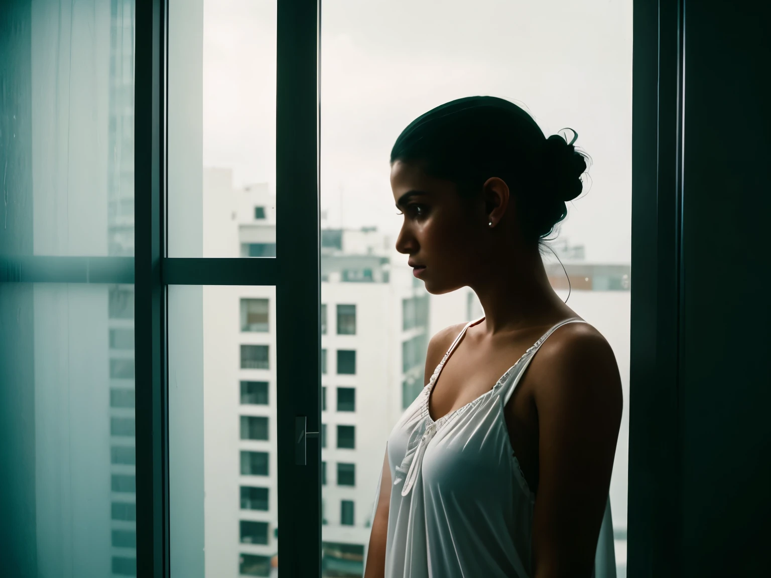 high-concept photograph of a 21-year-old artistic Puerto Rican woman in a white nightgown staring out the window on a rainy day, heavy shadows, style of German expressionism, in an apartment, in San Juan raining outside, cinestill 400d, synthwave, vaporwave, retro nostalgia, neons