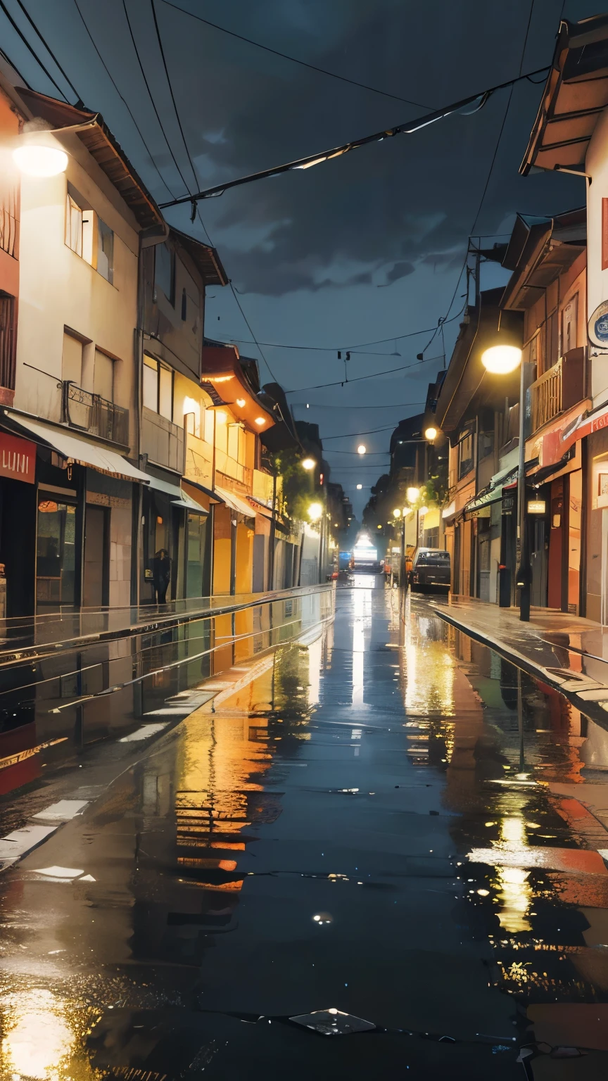 Uma rua de uma cidade, this city is old, the photo is of a street in this city, It's raining a lot, It is possible to see the reflection of the poles in the puddles of water