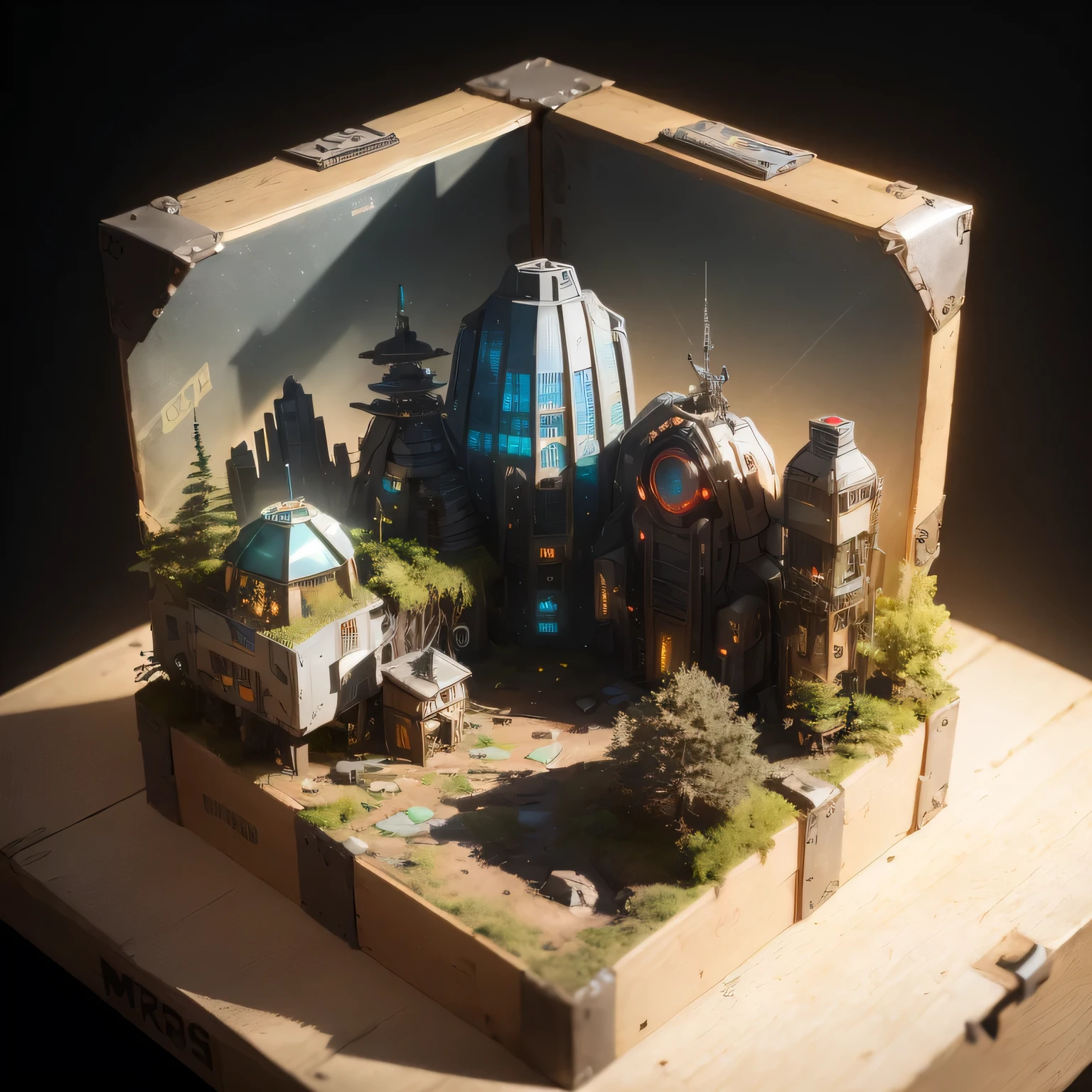3598年Mars realistic model, (split ends, original photo, best quality, masterpiece:1.4),Steampunk Cyberpunk 6820 City,(CyberpunkMars light:1.3), Mars (related to land),(in a small nature box:1.3),Isometric, small nature, landscape on foundation,landscape,
