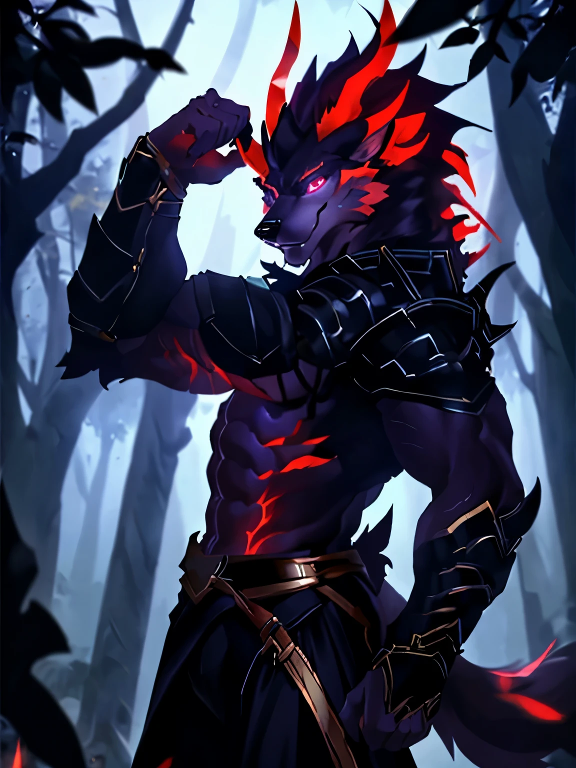 4k, 8k, high resolution, best quality, perfect colors, perfect shadows, perfect lighting, posted on e621, (by Chunie, by canyne khai, by t.y.starale), male, furry, anthro Wolf, white fur, (Realistic eye details 1.3), dark knightwear, undead shadow with red flames and black body, abs, Full body like, Slim body, ((best quality, masterpiece)), Standing in Rubbles, Dark forest background, (Realistic background), epic fantasy art style, epic fantasy digital art style, dramatic lighting, soft lighting, day, highly detail,( Realistic face detail 1.2), detail face, Detailed fur, Detailed face, Perfect face, Detailed background, (seductive face:1.2), fit body, (Complex), (Super Detail), (Ultra Clear), (Best Quality), ((Solo Leveling))