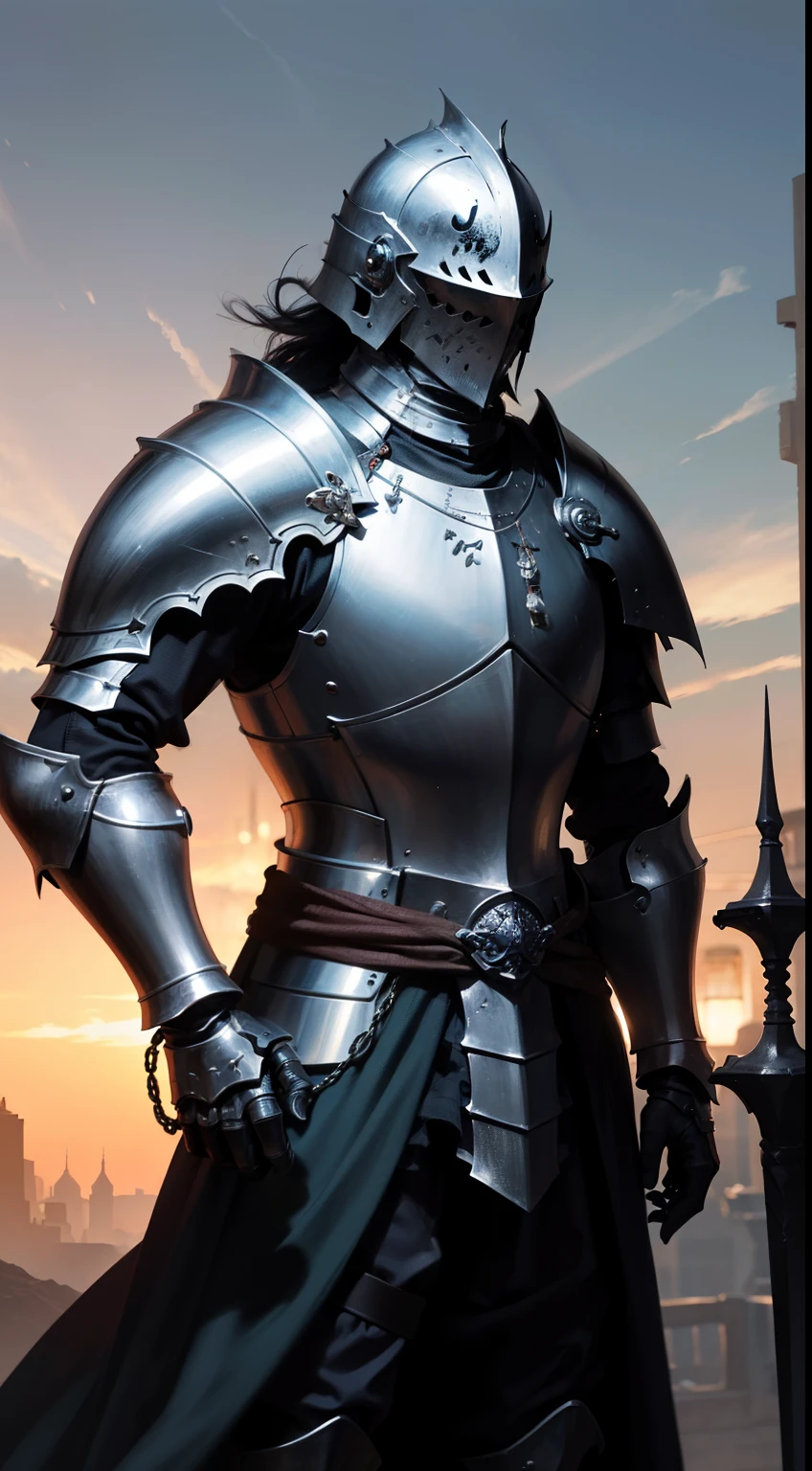 (UHD, masterpiece, accurate, anatomically correct, textured skin, super detail, high details, high quality, best quality, highres, 1080P, HD, 4K, 8k, 16k), studio lighting, physically-based rendering, vivid colors, (portrait, (simple background), ((1 character)), ((Male knight)), imposing walk, (low camera angle), (the knight uses a flowing ragged cloth around his waist), (dark atmosphere)