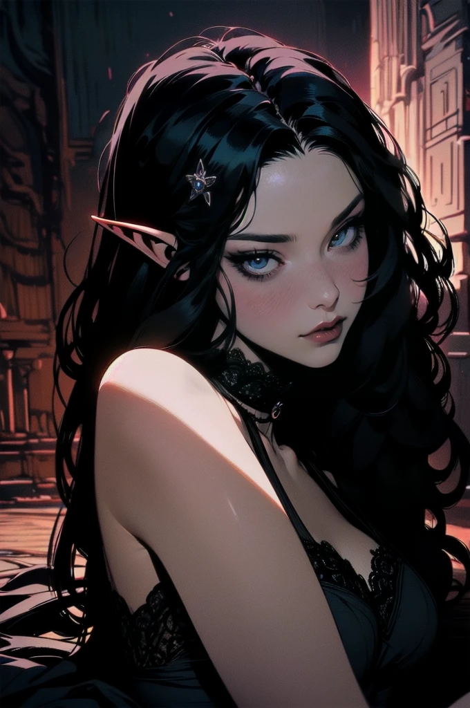 { - anatomy error}(Masterpiece - Ultra-detailed, very high resolution) moonlight, hyper-realistic of a mysterious woman with flowing black hair, ears of elf, piercing opal eyes, and a delicate lace crown, delicate smile, whole body, sitting on the ground, backwards, looking back, perfect eyes, perfect fingers