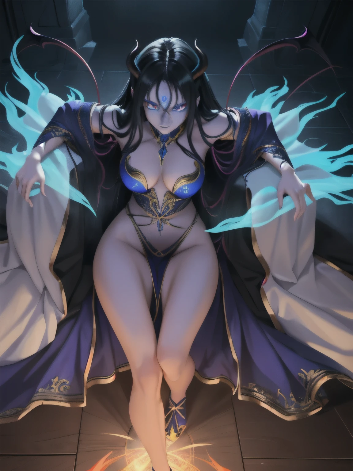 A solitary variable demon with blue skin, inspired by the ethnicity of Romania. The portrait is full of vibrant colors and intricate details. The demon has long, black hair and piercing blue eyes that seem to glow. The scene is set with a dramatic play of light and shadow, highlighting the demon's features. The background consists of a mystical land with breathtaking landscapes. The image quality is top-notch, with 8k resolution and HDR effects. The artwork is done in an anime-style, combining the beauty of fantasy with the realism of the real world. The demon is depicted in full body, showcasing its captivating presence. The overall aesthetic is intense, reflecting a very passionate and slightly provocative tone.