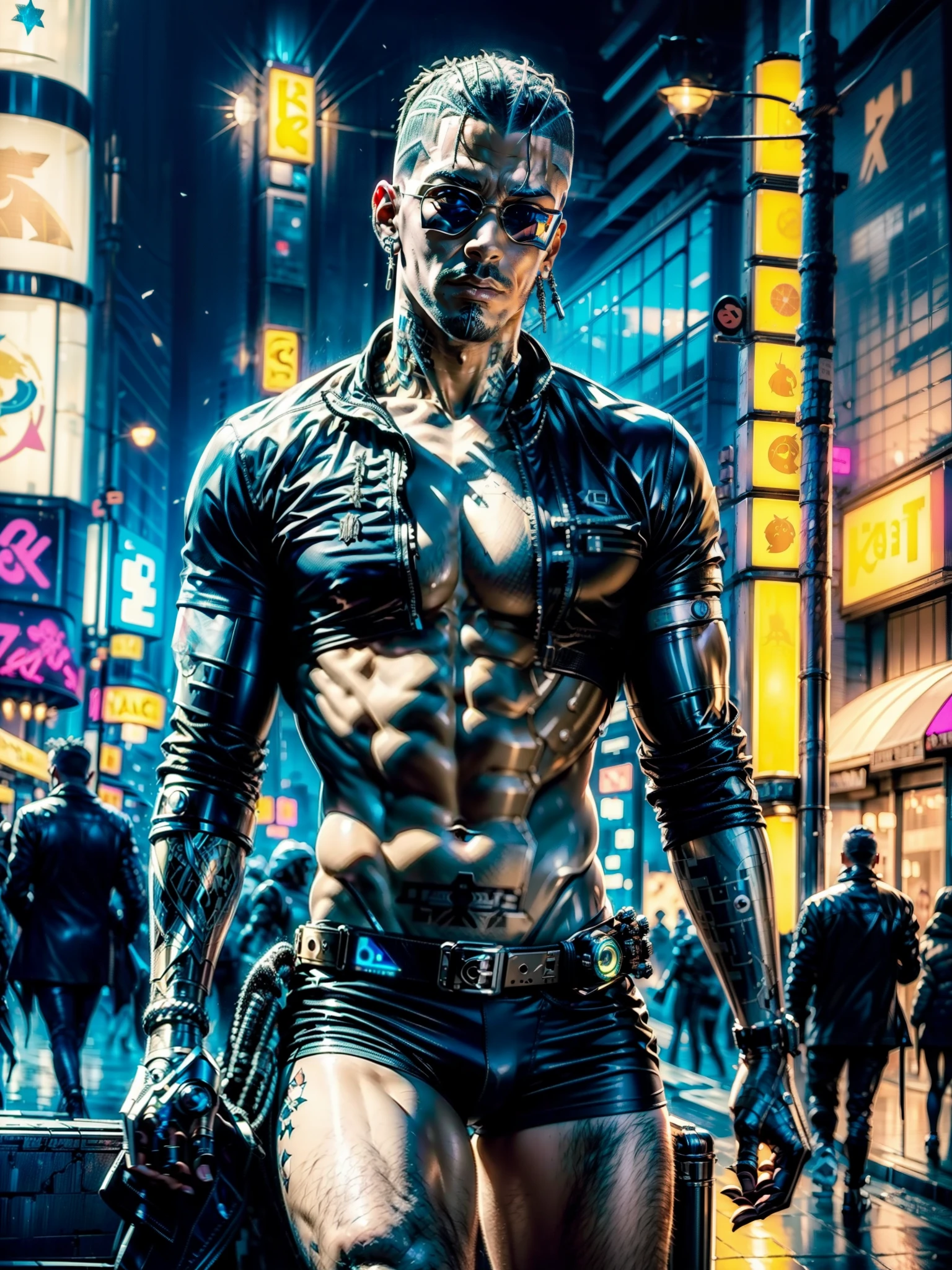 (Obra maestra, Mejor calidad, high resolution, fondo de pantalla de unidad 32k, CG extremadamente detallado:1), (illustration:1.0), ((1 joven hombre hermoso:1.5 pelo cyberpunk:1.5 )),(( ciudad de noche cyberpunk:1.4)), carteles de neon autos futuristas,lugar oscuro iluminado neon epico. 32k