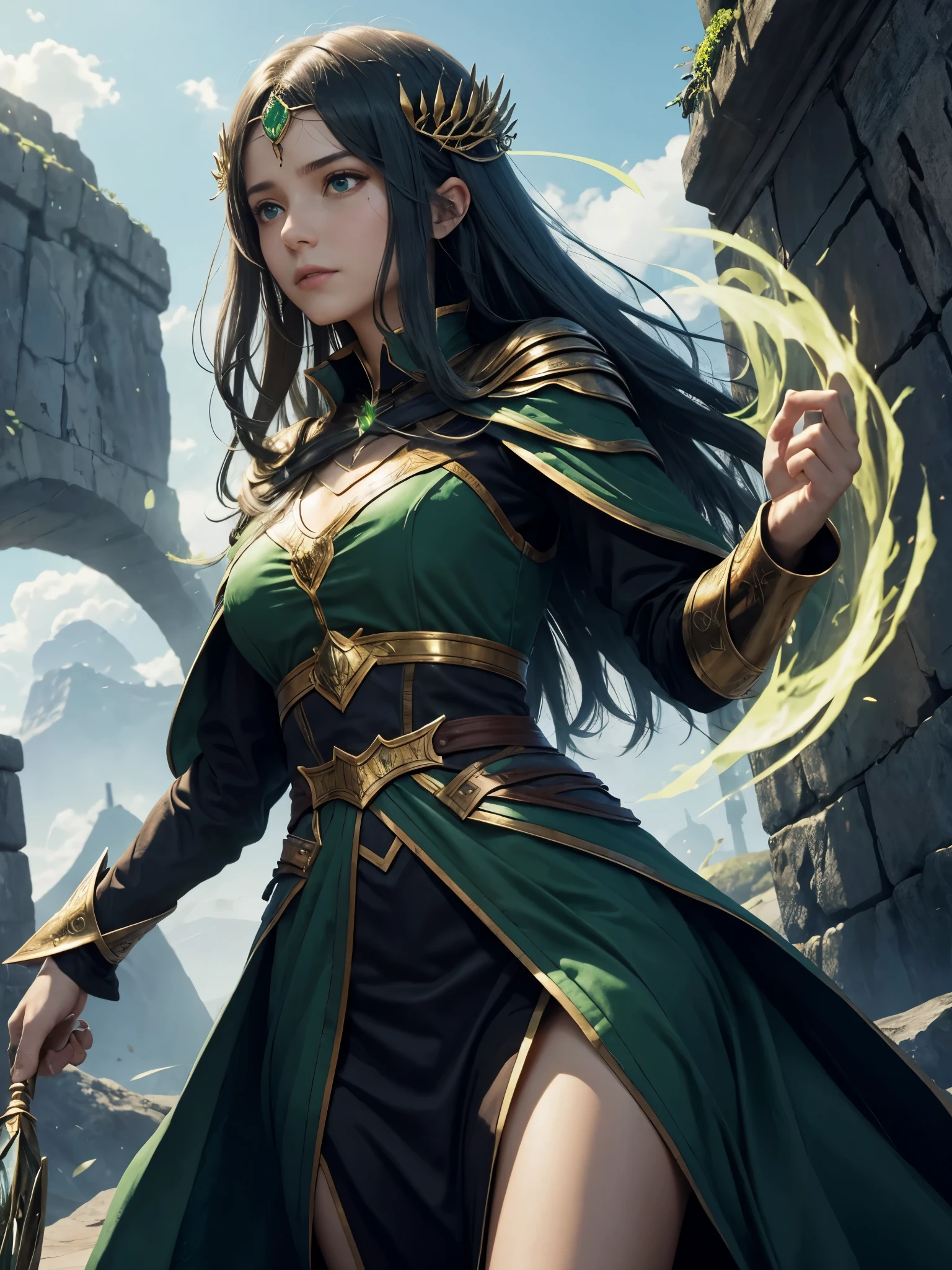 a powerful spell,Can create a magical protective barrier, A woman uses green magic to conjure a magical shield into a perfect fantasy world.