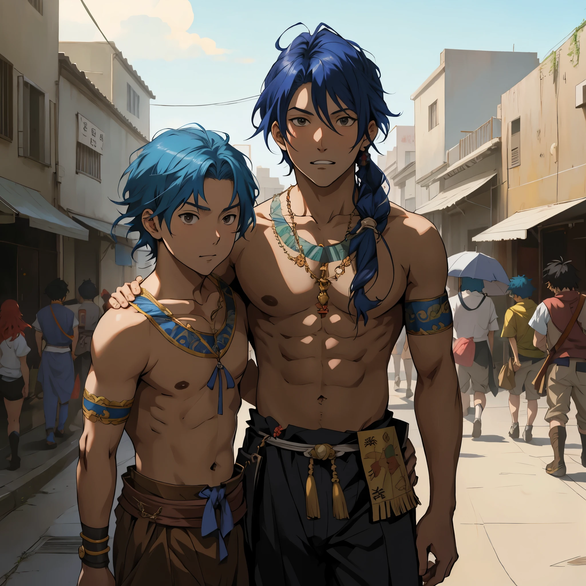 personajes de anime parados en una calle con un hombre de cabello azul, rob rey and kentarõ miura, rob rey and kentaro miura style, sirio a y sirio b, akehiko inoue y ross tran, petros and leonid, rob rey and kentarõ miura style, krenz cushart y artem demura