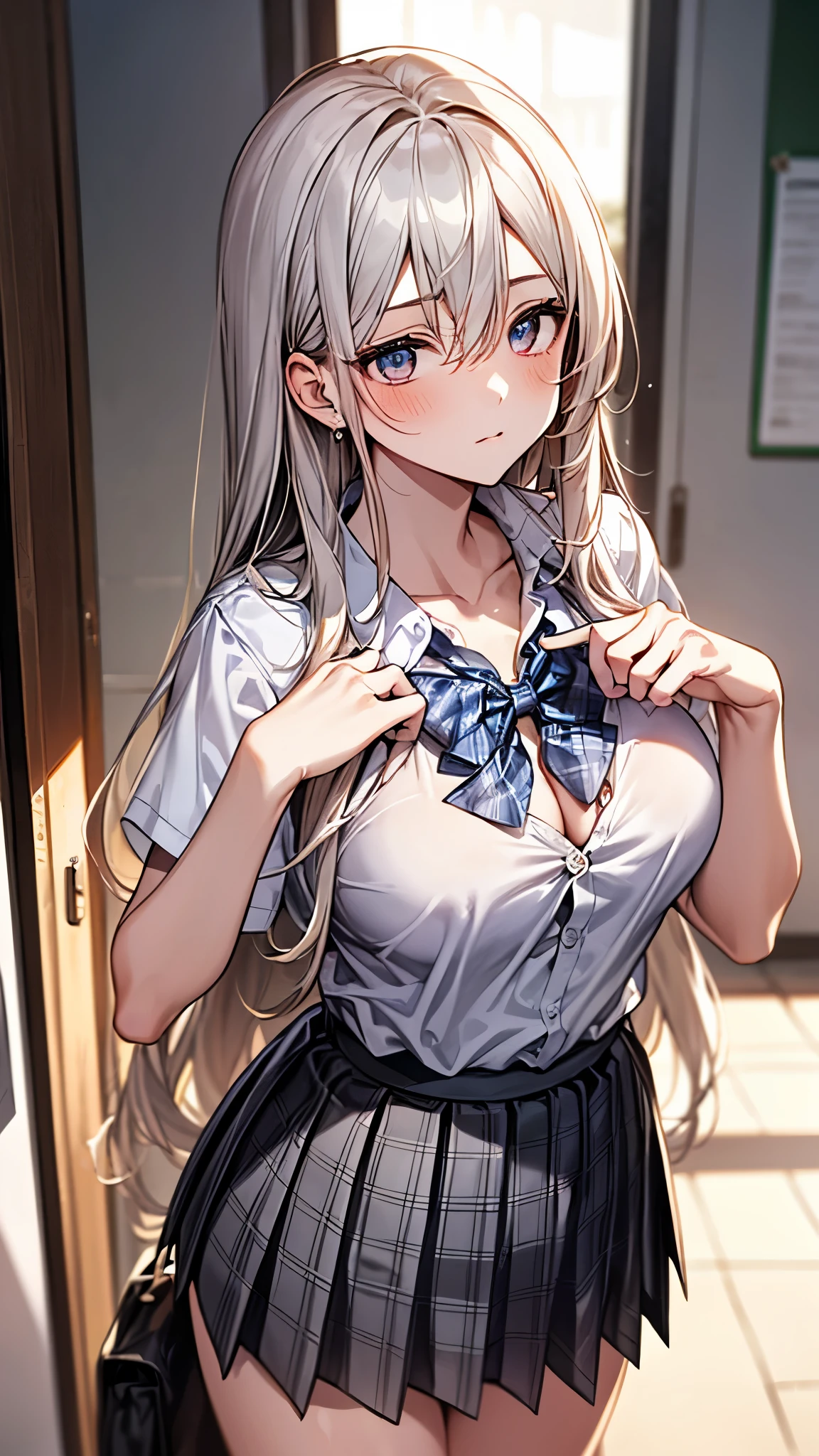 (masterpiece:1.2, top quality), (actual, photoactual:1.4), Beautiful illustration, 
looking at the audience, whole body, Front view:0.6, 
1 girl, Japanese, high School girl, (long hair:1.5), blow dry hair, (Half up, half down, Half up, half downdo), Bangs, hair between eyes, big breasts:0.8, 
beautiful hair, pretty face, Beautiful and delicate eyes, Beautiful collarbone, beautiful body, beautiful breasts, Beautiful thighs, beautiful legs, beautiful fingers, 
(Beautiful scenery), , School,
((Collared short-sleeved shirt, White shirt, School uniform, Gray plaid pleated skirt, blue plaid bow tie)), White, 
(Permanently installed, , lift up skirt, Grab the hem of the skirt, Put your hands on your chest, hand clamped), 
blush, ,