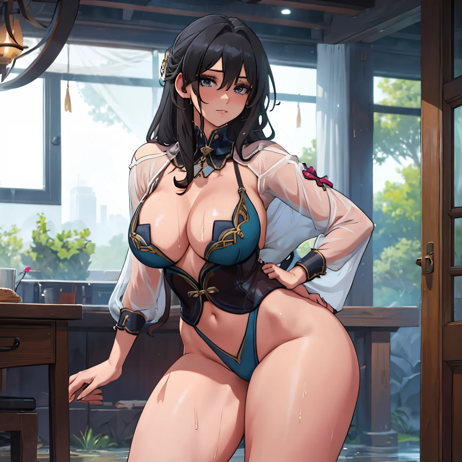 (prompts) anime girl,gigantic breasts,thick thighs,sensual pose,transparent blouse,leg open,full body,wet,bulky breasts,appearing,bokeh,photorealistic,ultra-detailed,colorful,studio lighting,luminous