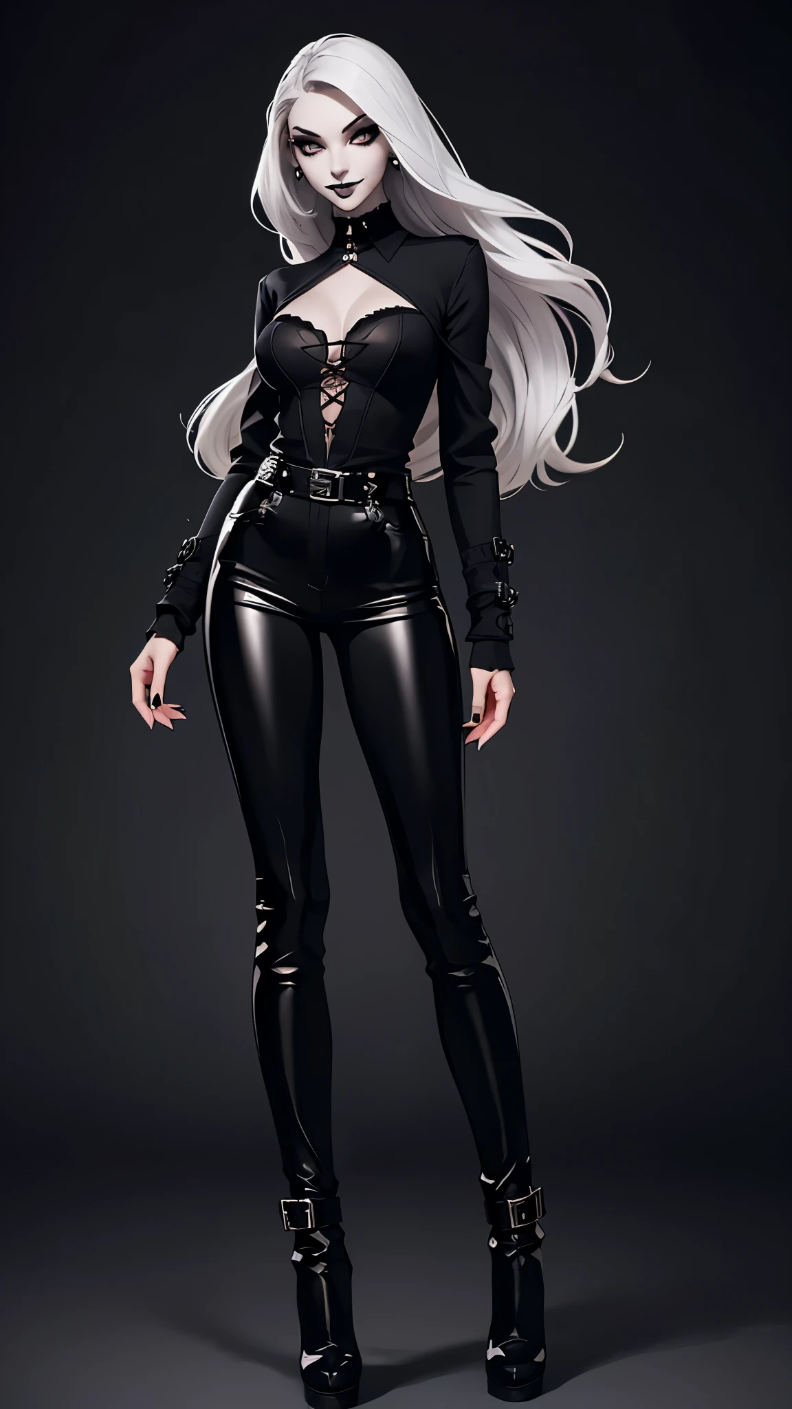 Woman, tall, slender body, silver eyes, mouth with black lipstick, gothic style pants, tight black blouse with gothic style neckline, high black boots, full body image, standing, smile, golden hair, black painted nails, background white