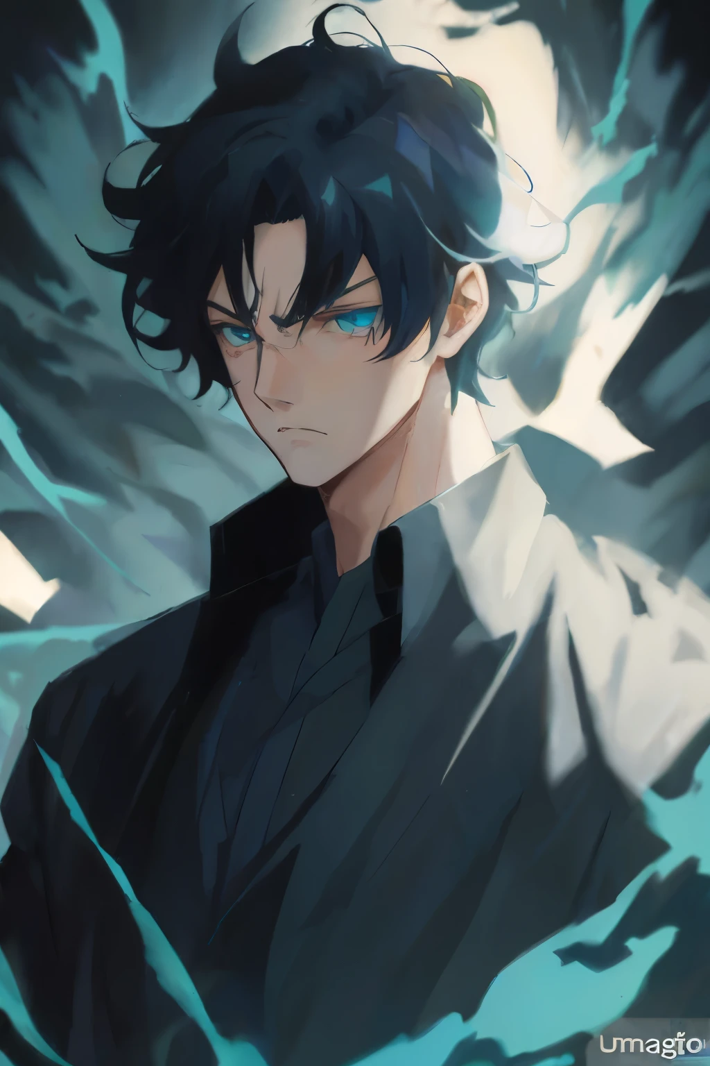 Spectral boy man, with dark aura, black clothing and turquoise blue eyes, long stylized black hair, confused and serious look, attractive. (Anime art) (Manga art) (Manhwa art)