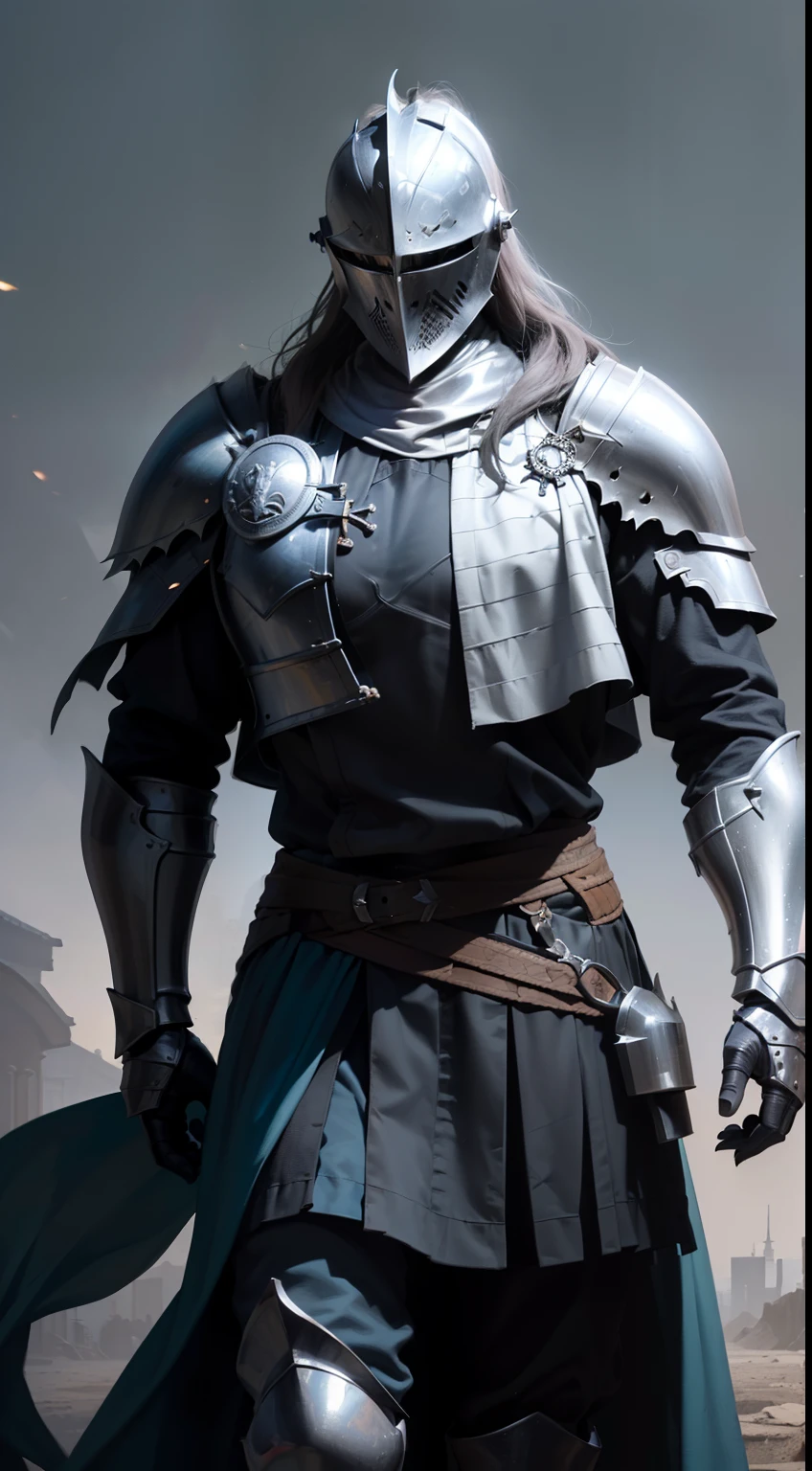 (UHD, masterpiece, accurate, anatomically correct, textured skin, super detail, high details, high quality, best quality, highres, 1080P, HD, 4K, 8k, 16k), studio lighting, physically-based rendering, vivid colors, (portrait, (simple background), ((1 character)), ((male knight)), imposing walk, (low camera angle), (the knight uses a flowing ragged cloth around his waist), (dark atmosphere), (dark armor), (hidden face), (helmet)