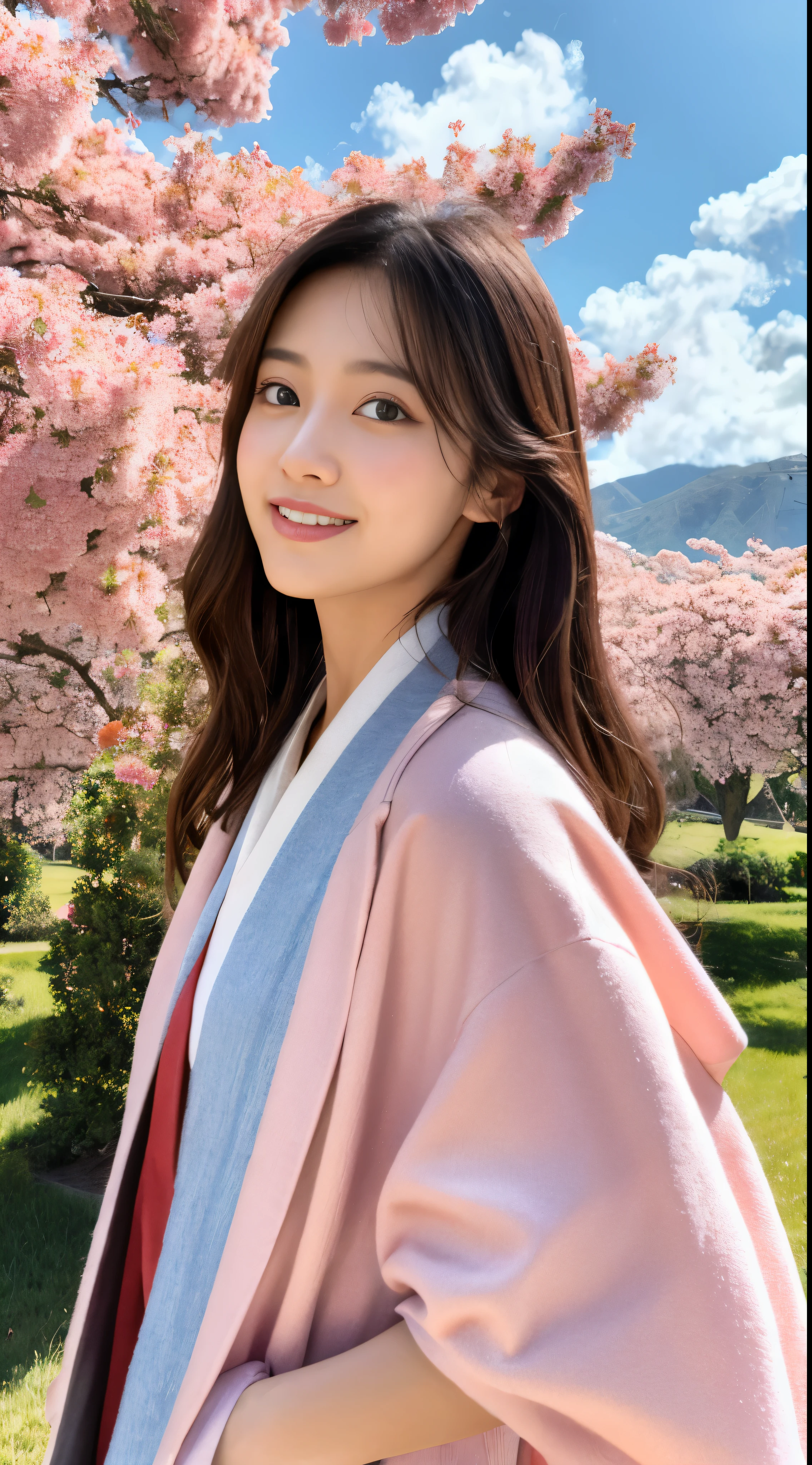 high quality images,alone, 1 girl, eye details,, chestnut hair, looking at the viewer, portrait, detailed drawings and faces, long hair, closed mouth,Unparalleled beauty details,The surroundings are shining, pink kimono,Full body high-definition painting,blue sky and white clouds,Full body high-definition painting,