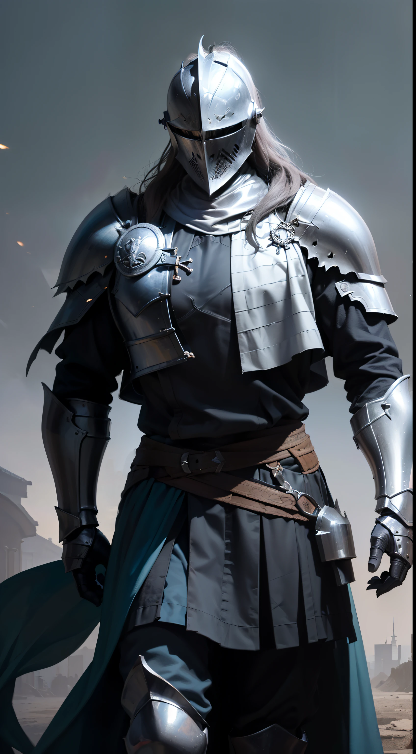 (UHD, masterpiece, accurate, anatomically correct, textured skin, super detail, high details, high quality, best quality, highres, 1080P, HD, 4K, 8k, 16k), studio lighting, physically-based rendering, vivid colors, (portrait, (simple background), ((1 character)), ((male knight)), imposing walk, (low camera angle), (the knight uses a flowing ragged cloth around his waist), (dark atmosphere), (dark armor), (hidden face), (helmet)