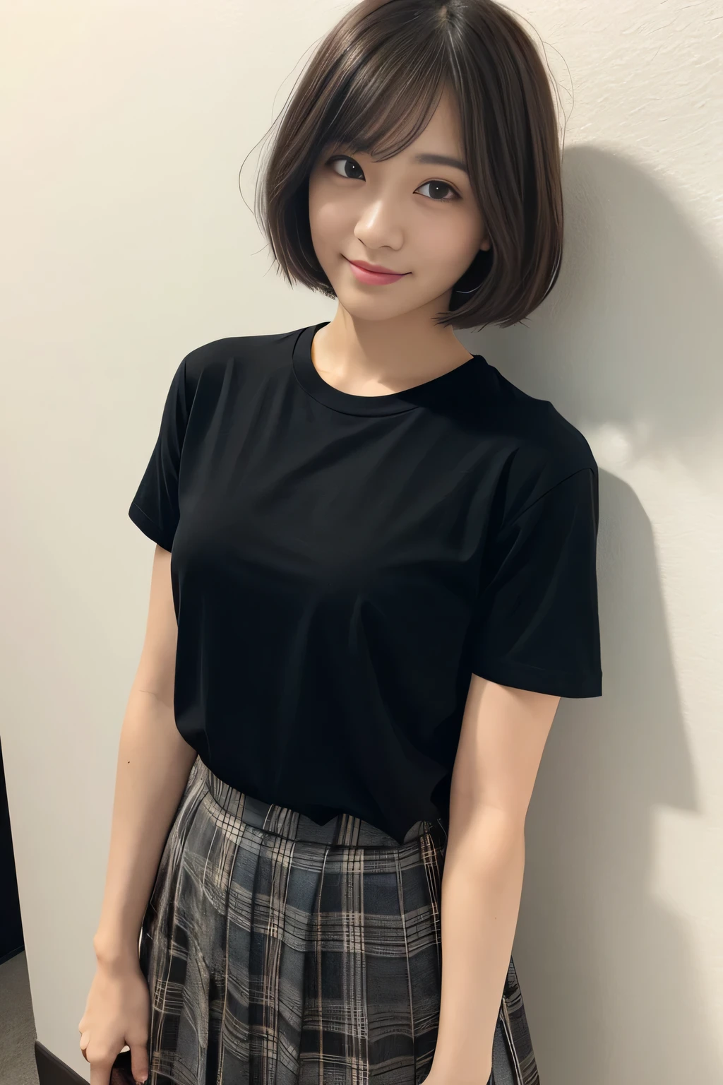 masterpiece、一人のBeautiful woman、detailed face、fine eyes、cute woman、fine skin、highest quality、Japanese、常に真frontageを向く、background white、28 years old、I'Iは黒無地の半袖Tシャツを着ています、shy smile、brown fluffy hair、soft light、Beautiful woman、bright look、(Are standing)、frontage、small breasts、(Keep your upper body facing straight ahead......),Wearing a long plaid skirt , full body shot、So that the whole body is reflected、background white、bob hair、keep your chest straight ahead、black t-shirt、I'Iは黒無地の半袖Tシャツを着ています、The background is a white wall、I'Iは黒の半袖Tシャツを着ています、