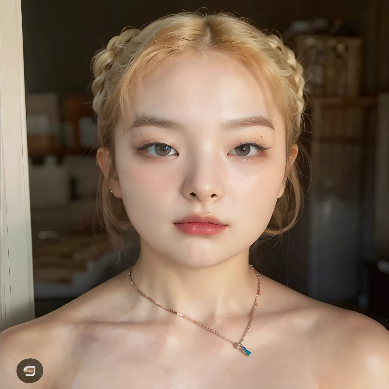 Kang Seulgi  loira, very short hair combed back, blue eyes and a necklace around her neck, smooth, pale, flawless skin, retrato suave fotografado em 8k, fair and pale skin!!, pale and soft white skin, pale and glowing skin, pele macia e dourada, ivory pale skin, fair and pale skin, pale porcelain white skin, beautiful pale skin, natural soft pale skin, skin pale as ivory, Lindo rosto realista, porcelain pale skin, Kang Seulgi from Red Velvet 