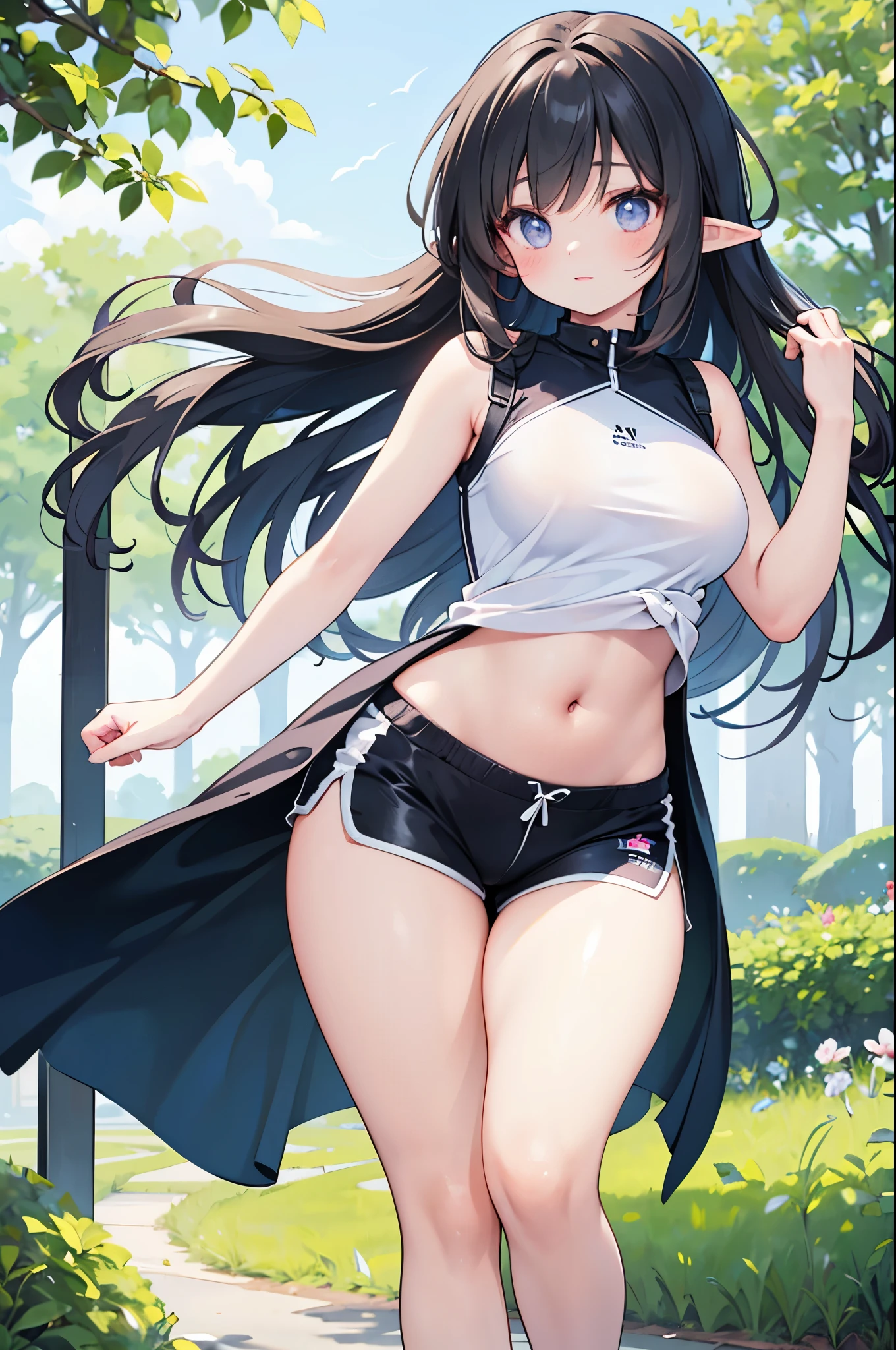 realistic image, coherent image, detailed image, 1 beautiful elf. She has black hair, long silky hair. Her eyes are violet, long eyelashes. Her face is oval and delicate. She is wearing a sleeveless shirt, showing her navel, ripped sports shorts, sneakers. She has a curvy body, medium breasts, thick thighs. she pose sexy. walking with his hands behind his back. Urban background, surrounded by trees. natural lighting, volumetric lighting