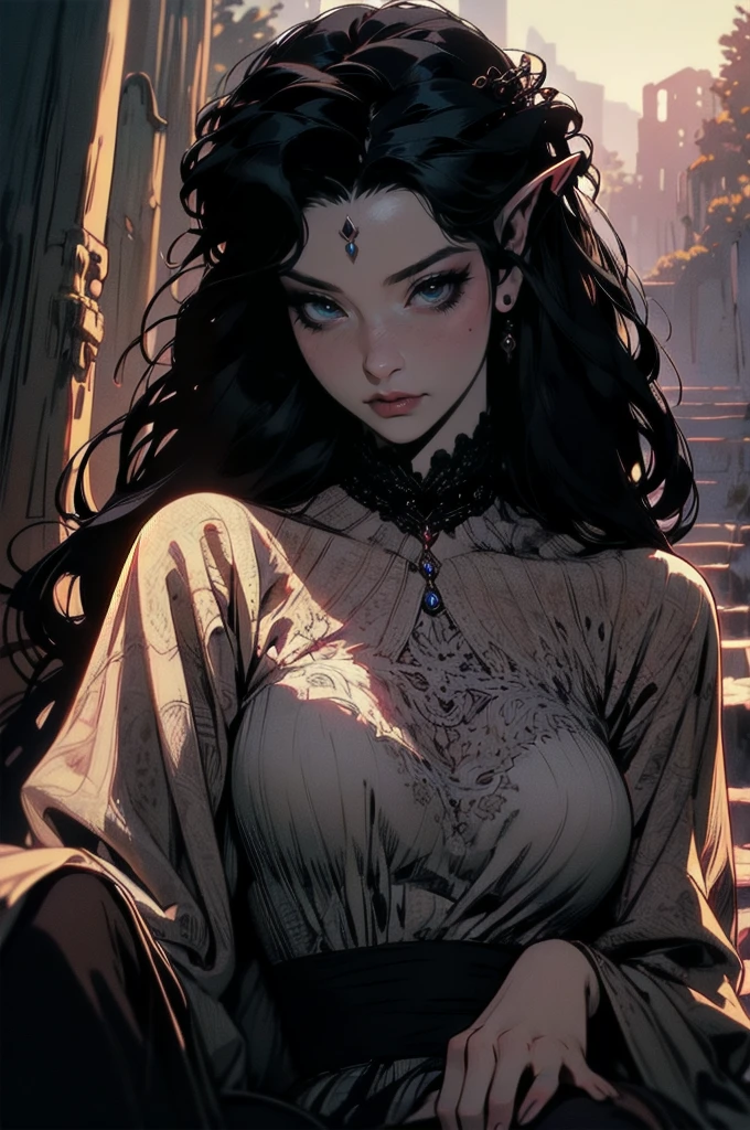 { -  error}(Masterpiece - Ultra-detailed, very high resolution)moonlight, hyper-realistic of a mysterious woman with flowing black hair, ears of elf, piercing opal eyes, and a delicate floral crown, delicate smile, upper body, backwards, looking back, small neck, with chin on shoulder
