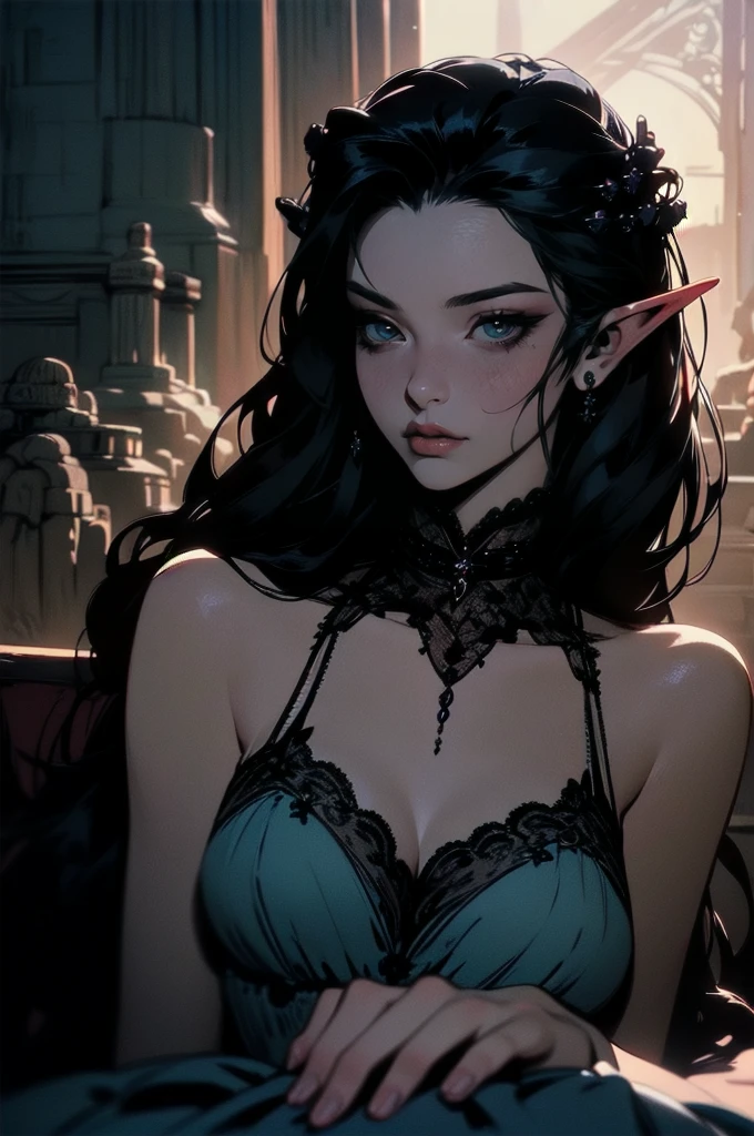 { - anatomy error}(Masterpiece - Ultra-detailed, very high resolution) moonlight, hyper-realistic of a mysterious woman with flowing black hair, ears of elf, piercing opal eyes, and a delicate lace crown, delicate smile, whole body, sitting on the ground