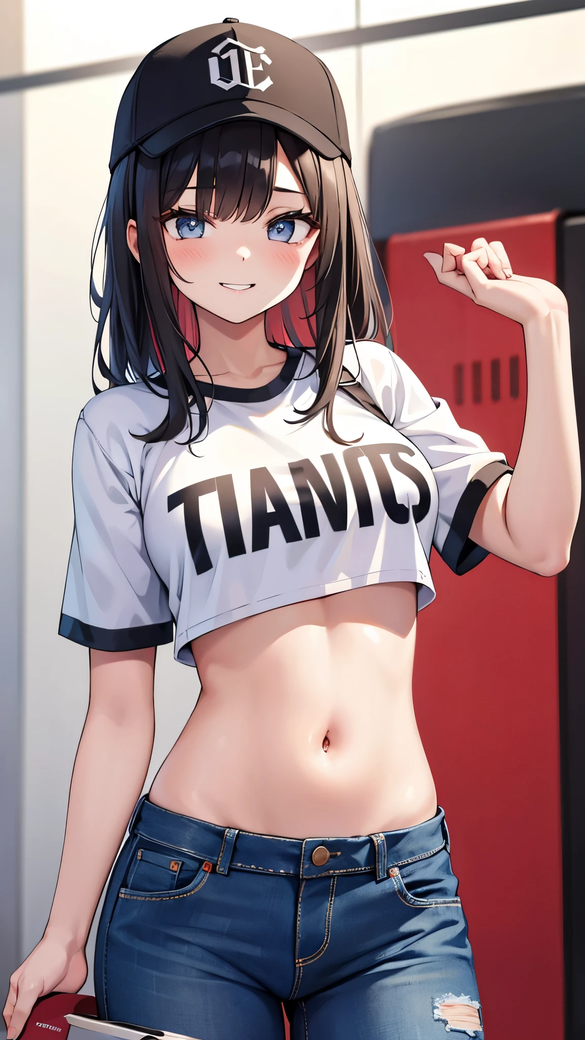 1 girl, crop top, short jeans, baseball cap, cowboy shot, naughty smile, nice hands, perfect hands