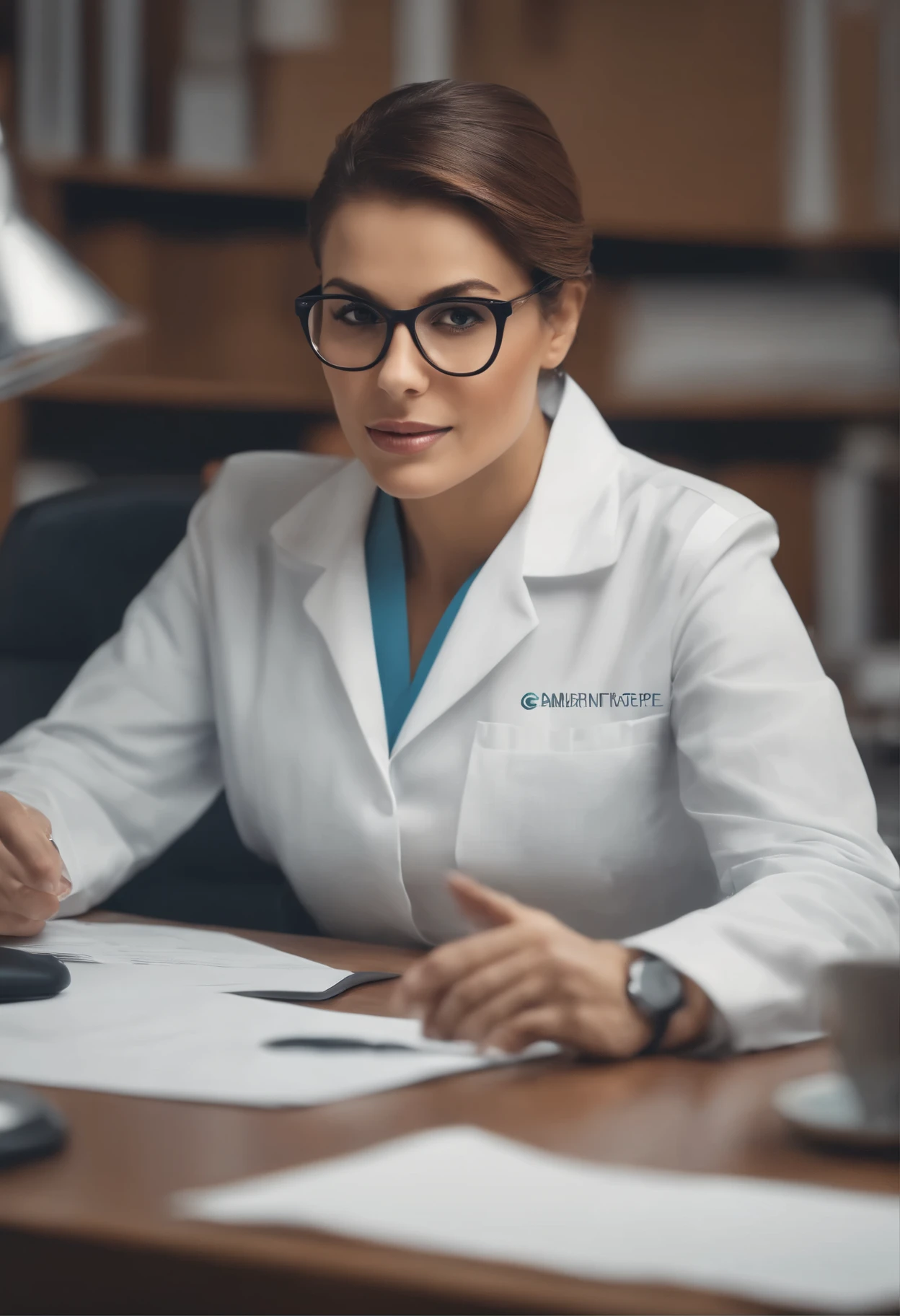 Mulher, 30-year-old denist in his office, wearing medical clothes looking at me, sitting behind her desk, with perfect proportions, Imagem centralizada, visualmente rico, cinematic, Schiffer, arte de papel de parede,Papel de parede UHD, Ultra Sharp Focus, realista