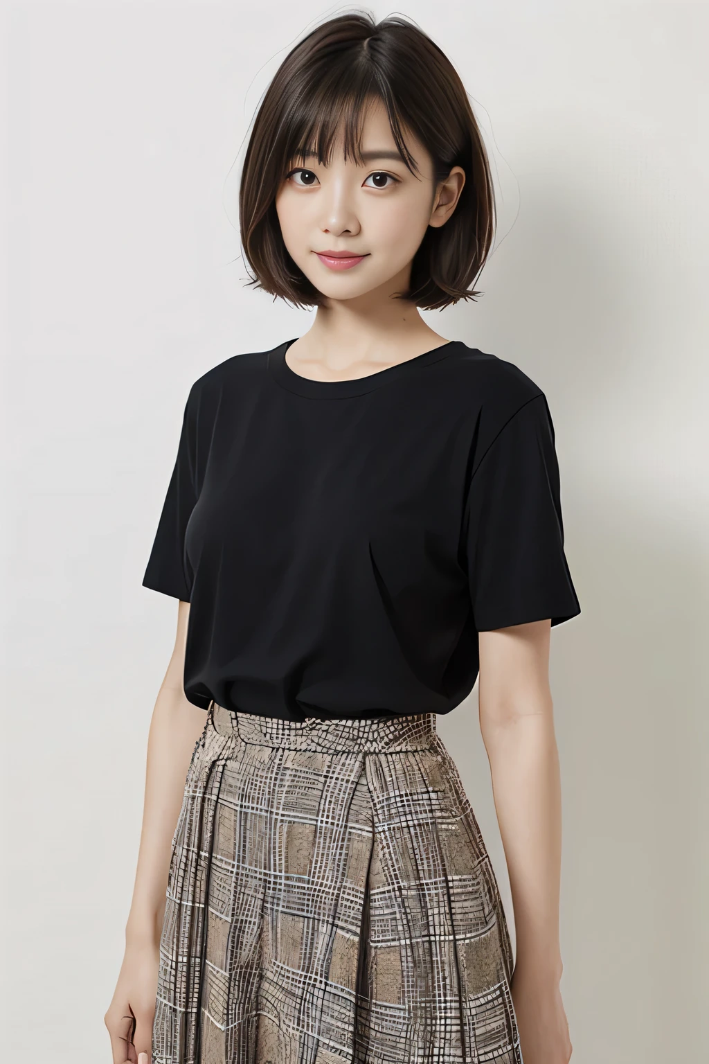 masterpiece、一人のBeautiful woman、detailed face、fine eyes、fine skin、highest quality、Japanese、常に真frontageを向く、background white,、28 years old、I'Iは黒無地の半袖Tシャツを着ています.、shy smile、shortcut、brown fluffy hair, soft light, Beautiful woman、bright look、(Are standing)、frontage、small breasts、(Keep your upper body facing straight ahead......),Wearing a long plaid skirt , full body shot,So that the whole body is reflected, background white, bob hair.,keep your chest straight ahead..,black t-shirt、I'Iは黒無地の半袖Tシャツを着ています、The background is a white wall,