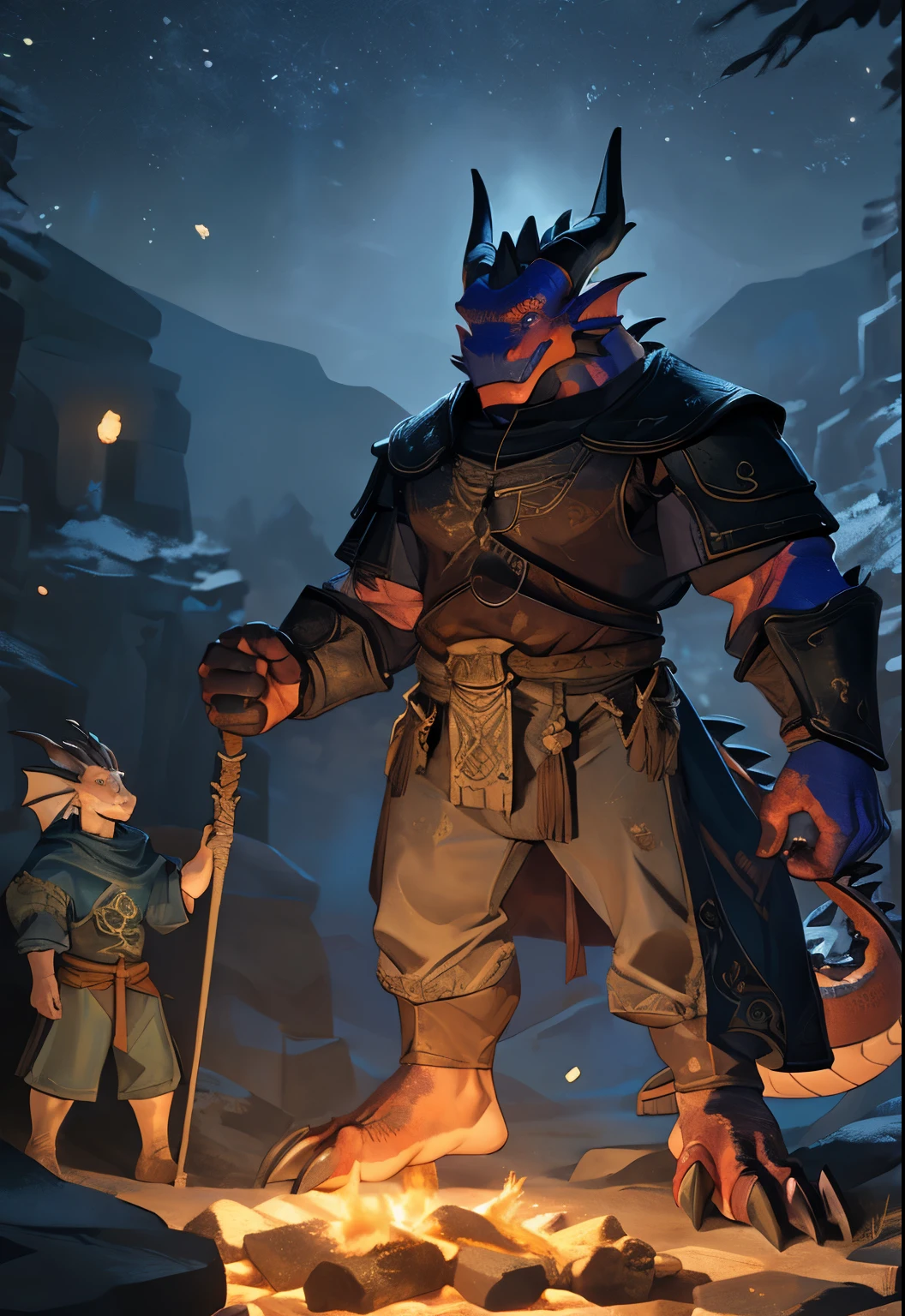 Sozinho, quimono, (Dragon), antropo, Macho, ((corpo negro)), escalas, cauda, muscles, Bonito, armaduras, medieval, fantasia, ao ar livre, fora, escuro, noite, floresta, fogueira, camp, estrelas, sentado, foot claws, epic, profundidade de campo, perfect lighting, (light particleelhor qualidade),(obra de arte),(ultra decaudaed),sharp focus,light particles