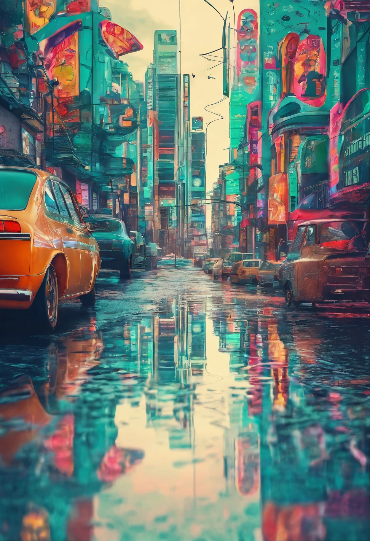 Uma rua de uma cidade, the photo is of a street in this city, It's raining a lot, It is possible to see the reflection of the poles in the puddles of water
