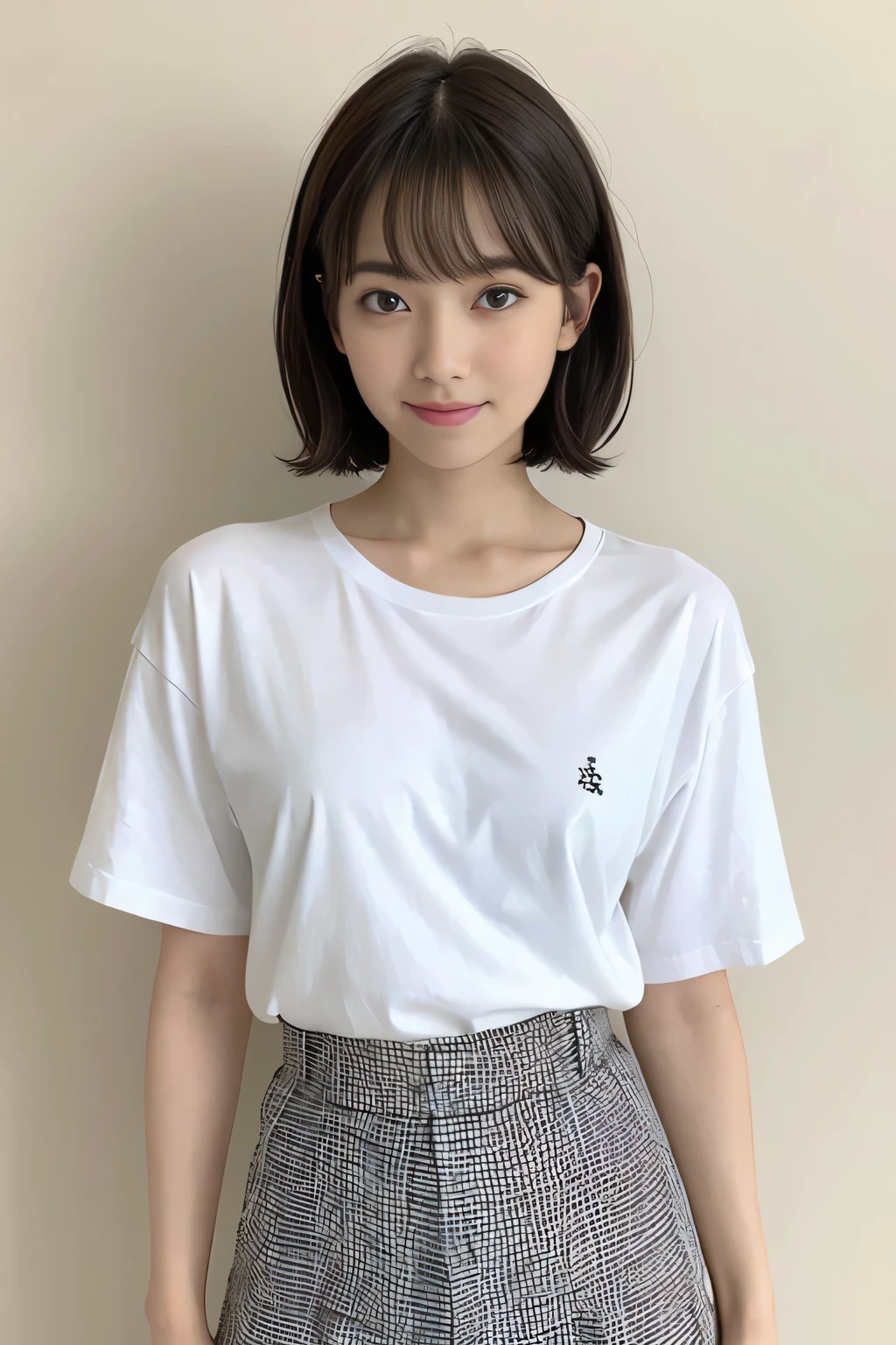 masterpiece、一人のBeautiful woman、detailed face、fine eyes、fine skin、highest quality、Japanese、常に真frontageを向く、background white,、28 years old、I'Iは黒無地の半袖Tシャツを着ています.、shy smile、shortcut、brown fluffy hair, soft light, Beautiful woman、bright look、(Are standing)、frontage、small breasts、(Keep your upper body facing straight ahead......),Wearing a long plaid skirt , full body shot,So that the whole body is reflected, background white, bob hair.,keep your chest straight ahead..,black t-shirt、I'Iは黒無地の半袖Tシャツを着ています、The background is a white wall,