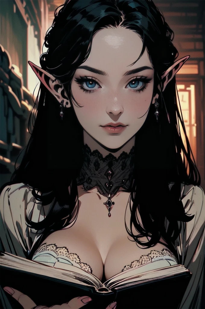 { - anatomy error}(Masterpiece - Ultra-detailed, very high resolution) moonlight, hyper-realistic of a mysterious woman with flowing black hair, ears of elf, piercing opal eyes, and a delicate lace crown, delicate smile, whole body, reading a book